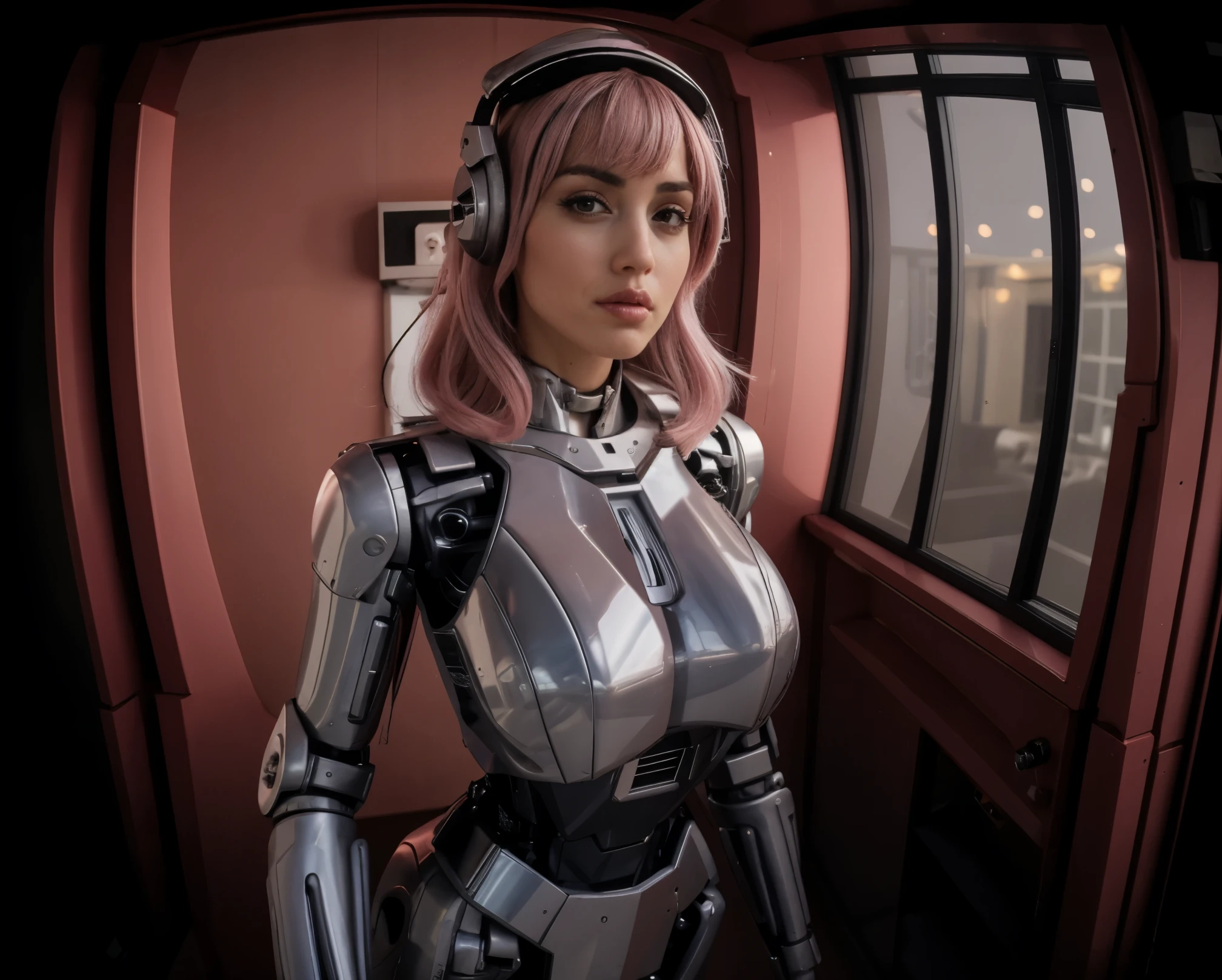 fisheye view, door fisheye pov, grand angular, ana de armas as your cosplayer girlfriend, using a robot suit, larger breasts, ana de armas, silver suit, crhome shinny skin, mechanical joints, medium straight hair, pink pastel hair, blunt bangs , parted lips , mecha musume, futuristic headset, stand up, await comands position, condo corridor, window on the left side, elevator door on background, thicc body, small height