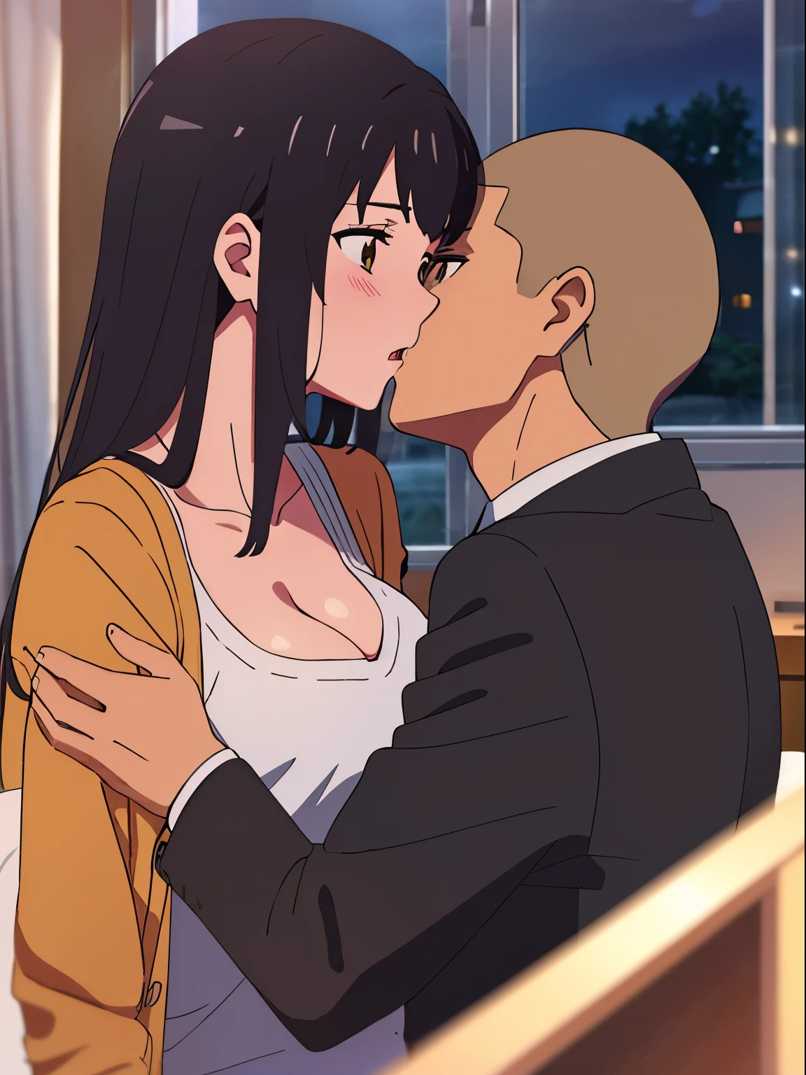 shinkai makoto, kimi no na wa., 1boy, buzzcut,office suit, boy caressing girl's body, kiss cheeks, passionate hug, boy is hugging from behind, 1girl, bangs, black hair, brown eyes, worried eyes, open mouth, Twisted Half Up, red ribbon, long hair, long sleeve yellow cardigan, open shirt, white shirt, cleavage, breast, medium breast, bedroom, night, indoors, masterpiece, perfect anatomy, cowboyshot