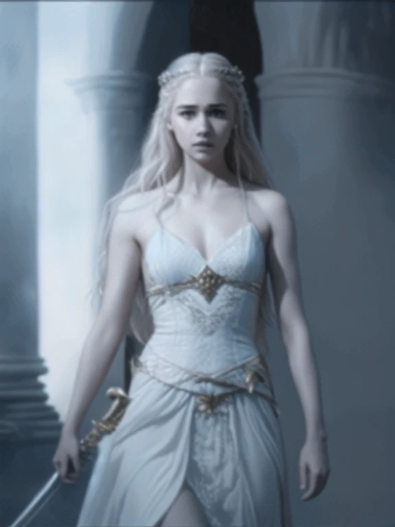 Blonde girl in white dress holding sword in dark room, Movie goddess shooting, Emilia Clarke plays the Greek goddess, Emma Watson plays blonde Aphrodite, Movie goddess full body photo, daenerys, still from a fantasy, Emma Watson plays the Snow Queen, also known as artemis selene, Kristen Bell as Greek goddess, daenerys targaryen