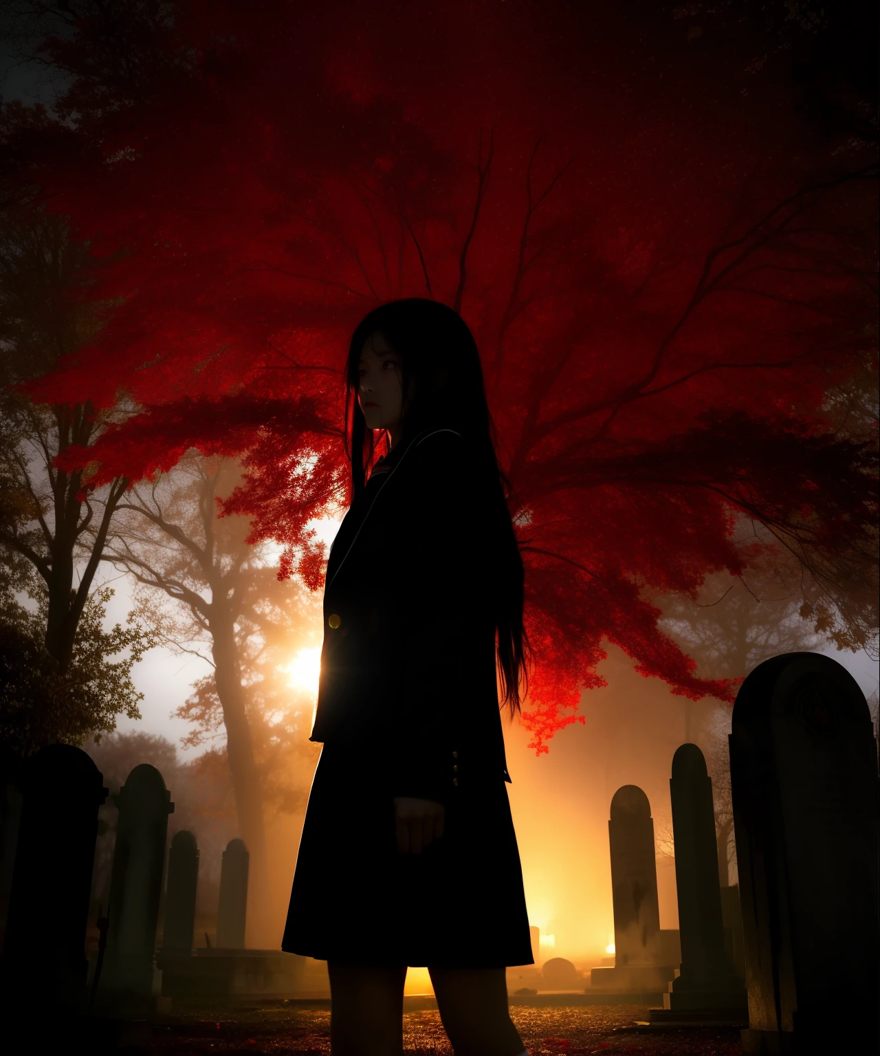 asterpiece,best quality, ultra highres,
1girl,long hair,black hair,red eyes,standing,no expression, blood, solo, blood splatter, blood on clothes, school uniform,cowboy shot, empty eyes, closed mouth, 
night,dark, graveyard, lightning,torrential rain, bare tree,from below, 