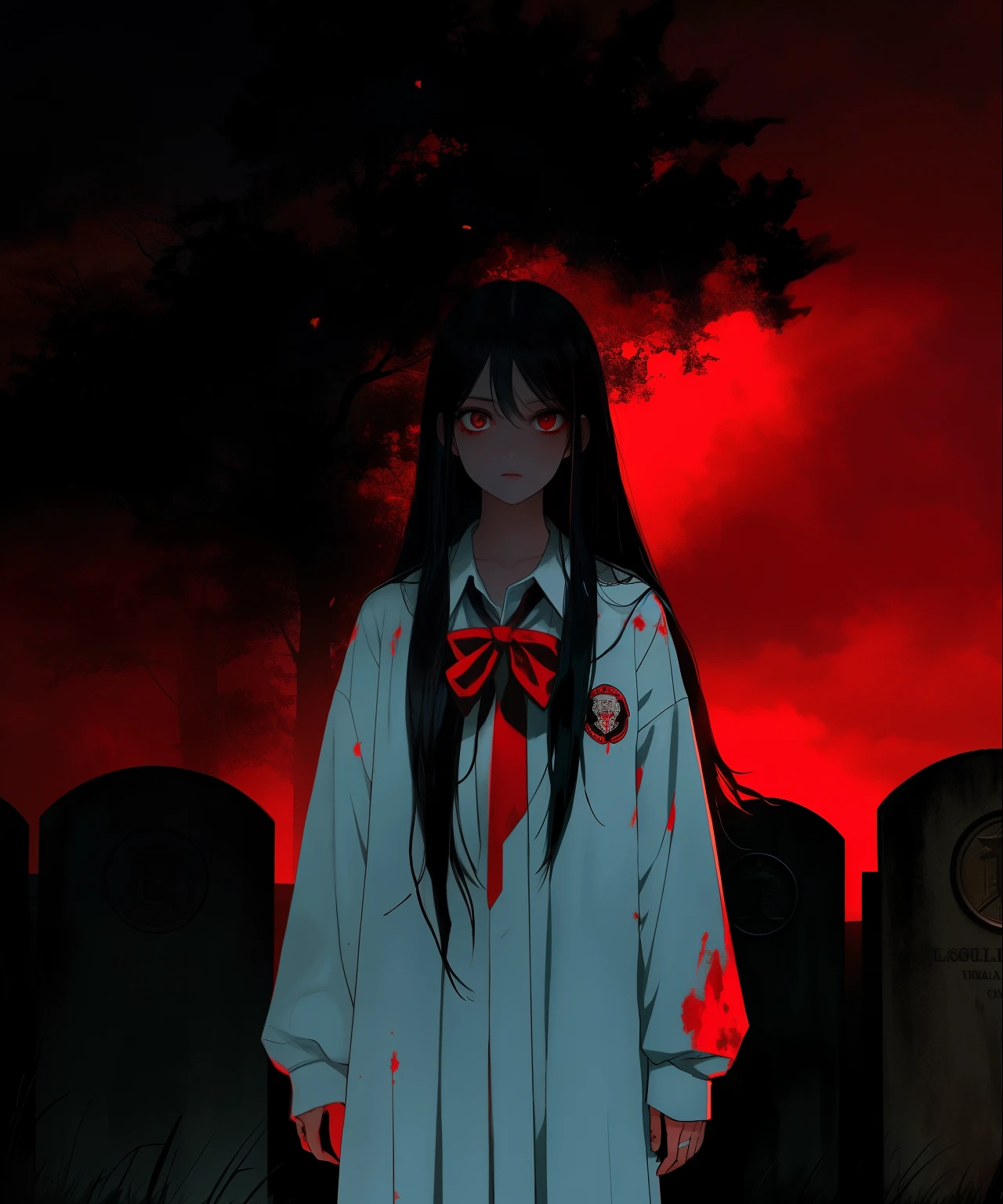 asterpiece,best quality, ultra highres,
1girl,long hair,black hair,red eyes,standing,no expression, blood, solo, blood splatter, blood on clothes, school uniform,cowboy shot, empty eyes, closed mouth, 
night,dark, graveyard, lightning,torrential rain, bare tree,from below, 