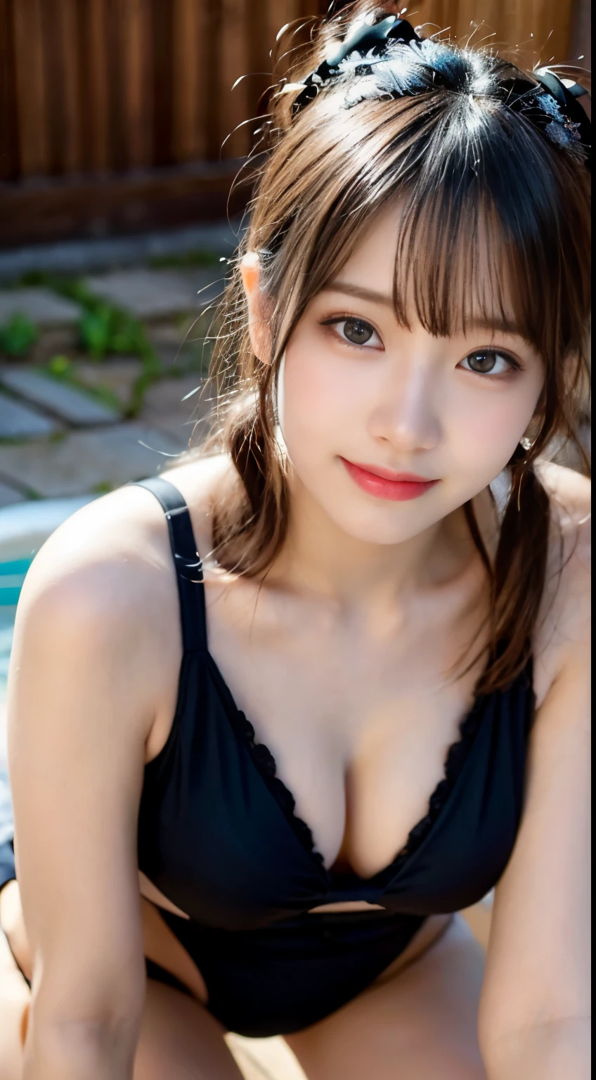 (best quality,4k,8k,highres,masterpiece:1.2),ultra-detailed,(realistic,photorealistic,photo-realistic:1.37),beautiful detailed eyes,beautiful detailed lips,extremely detailed eyes and face,longeyelashes,1girl,dressed in a sexy swimsuit,dressed in black,striking pose with a confident expression,two cute pigtails,gorgeous,model,full body shot,smiling,glistening sweat on the skin,beautiful legs,illustration,smooth and flawless skin,vivid colors,dynamic lighting