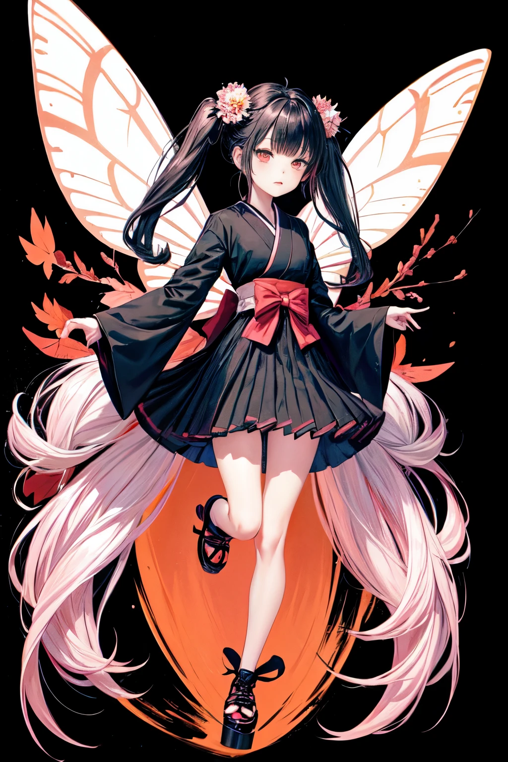 a japanese art style, cute anime fairy girl holding a butterfly against a black wall, 1girl, solo, red eyes, hair ornament, long sleeves, black footwear, hair flower, full body, flower, twintails, black ribbon, black background, platform footwear, hair ribbon