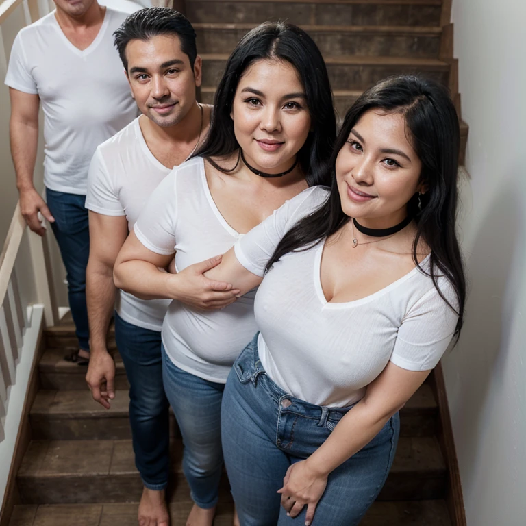 Chubby fat thic bbw white thai mature woman (60 years old), chubby belly, long straight black hair, wearing blue jeans and white shirt v-neck, black choker necklace, man hugging from behind, kissing,in up the stairs with tall male, 4 men watching, smiley expression, full body picture, view from below