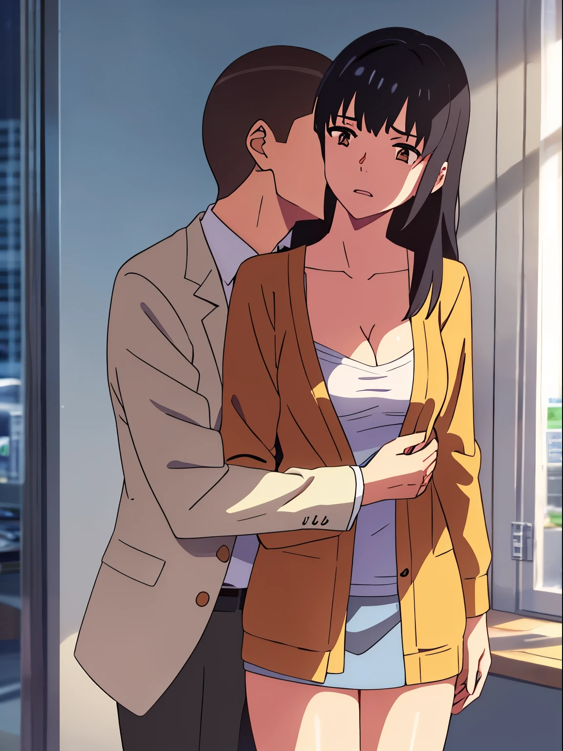 shinkai makoto, kimi no na wa., 1boy, buzzcut,office suit, boy caressing girl's body, kiss cheeks, passionate hug, boy is hugging from behind, 1girl, bangs, black hair, brown eyes, worried eyes, open mouth, Twisted Half Up, red ribbon, long hair, long sleeve yellow cardigan, open shirt, white shirt, cleavage, breast, medium breast, bedroom, night, indoors, masterpiece, perfect anatomy, cowboyshot