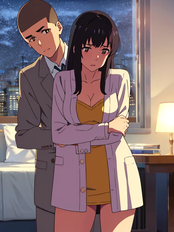 shinkai makoto, kimi no na wa., 1boy, buzzcut,office suit, boy caressing girl's body, kiss cheeks, passionate hug, boy is hugging from behind, 1girl, bangs, black hair, brown eyes, worried eyes, open mouth, Twisted Half Up, red ribbon, long hair, long sleeve yellow cardigan, open shirt, white shirt, cleavage, breast, medium breast, bedroom, night, indoors, masterpiece, perfect anatomy, cowboyshot