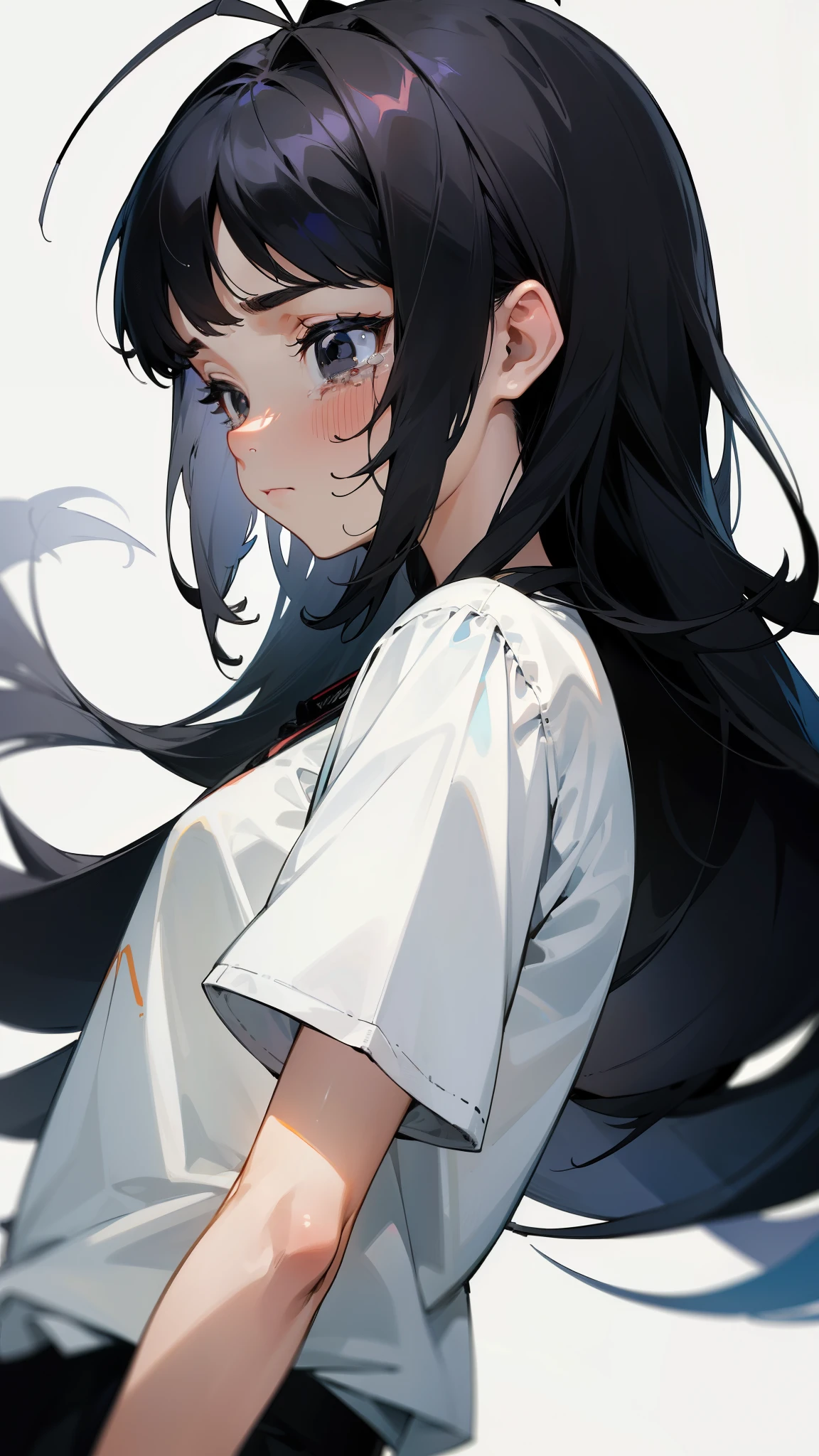 (1girl,10s years old),solo,sad,crying,black eyes,black hair,long hair,(((hair 2antennas))),white shirt,short sleeves,(white background),looking to the view,portrait,