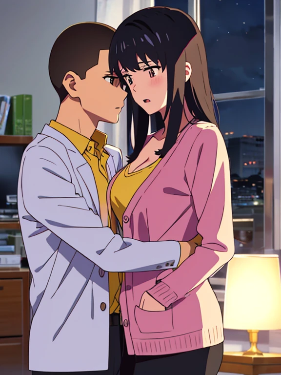 shinkai makoto, kimi no na wa., 1boy, buzzcut,office suit, boy caressing girl's body, sexual harassment, passionate hug, 1girl, bangs, black hair, brown eyes, worried eyes, open mouth, Twisted Half Up, red ribbon, long hair, long sleeve light pink cardigan, open shirt, yellow shirt, cleavage, breast, medium breast, bedroom, night, indoors, masterpiece, perfect anatomy, cowboyshot