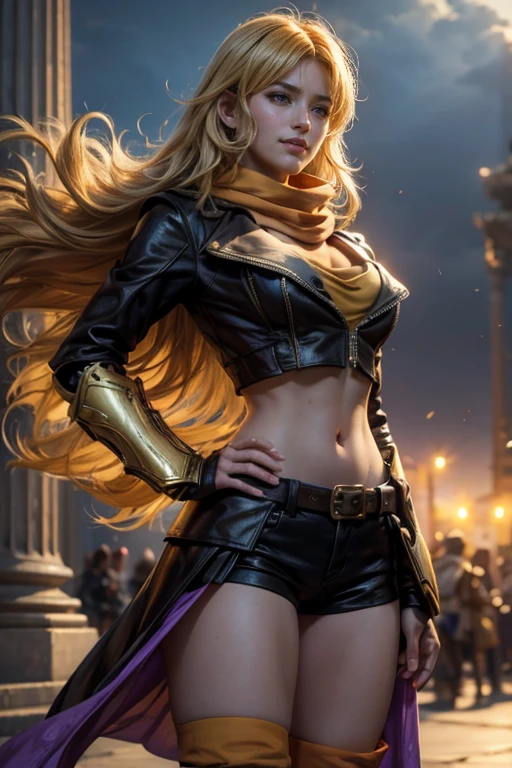 masterpiece, (standing:1.1), dynamic pose, heart shaped face, elegant face, beautiful face, highly detailed face, highly detailed skin, skin pores, subsurface scattering, realistic pupils, looking at viewer, full lips, depth of field, sharp focus, absurdres, realistic proportions, good anatomy, (realistic, hyperrealistic:1.4), 16k hdr,(masterpiece, best quality:1.2), cowboy shot, solo, 1girl, yang xiao long, grin, hand on hip, ahoge, purple eyes, brown jacket, yellow tube top, black shorts, black fingerless gloves, orange scarf, waist cape, midriff, cleavage, large breasts, standing in busy palace forecourt, crowds wearing suits of armor