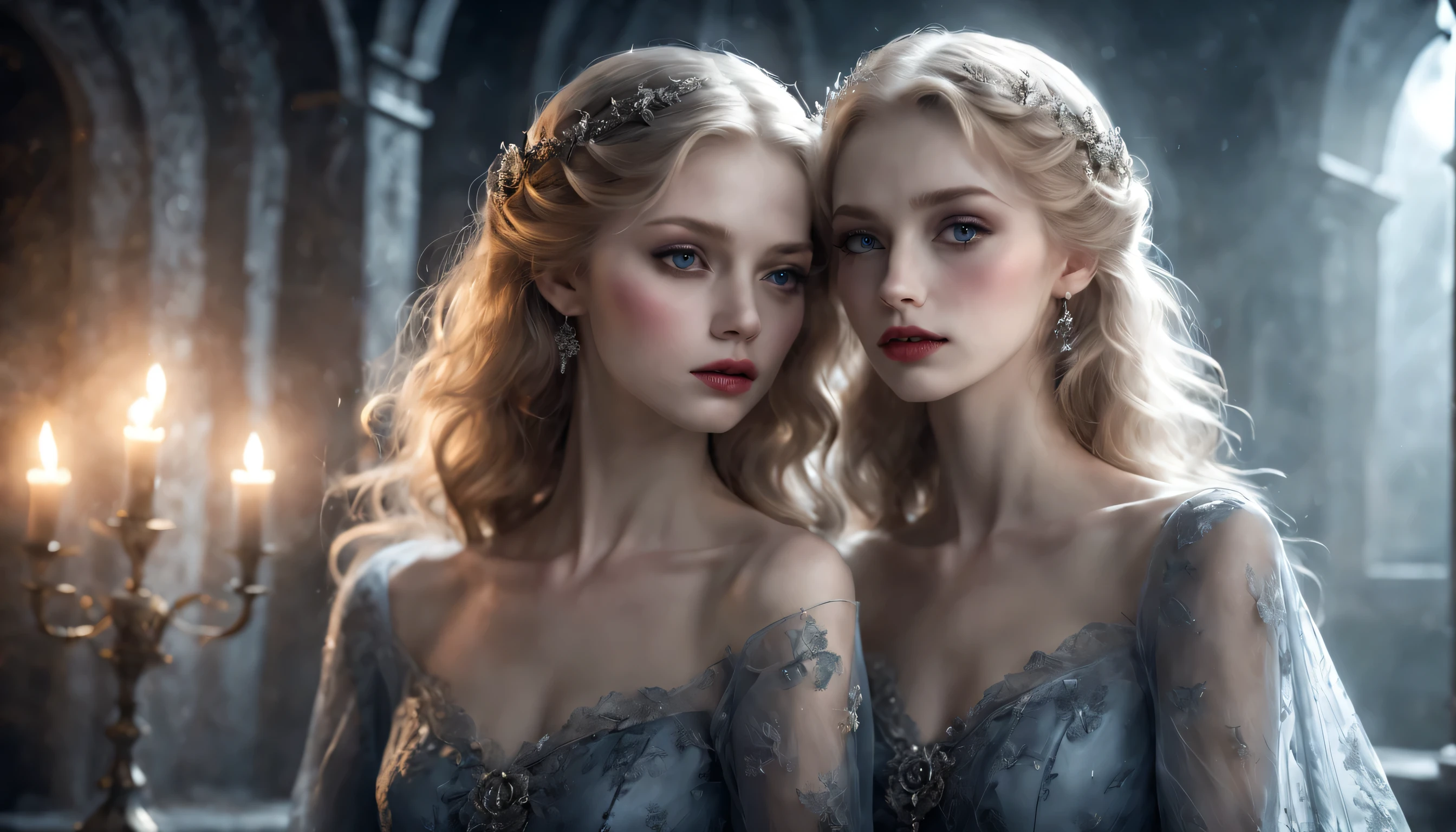 2 girls,two girls as Vampire Princesses, 18years old, breathtakingly beautiful, first have curly long redhair and second have long curly whitenish blond hair (blue eyes high quality, masterpiece:1.2), ultra-detailed, (realistic, photo-realistic:1.37), softly glowing pale skin, pure blooded, porcelain-like complexion, elegant and refined features, graceful posture, dark and mysterious atmosphere, gothic fashion, flowing black lace dress, touch of red in her clothes, dainty silver jewelry with ruby accents, subtle yet captivating smile, slightly pointed canines, translucent wings resembling bat wings, subtle shimmering effect on her wings, gardens filled with blooming blood roses, vivid red petals contrasted with the darkness, enchanting moonlit night, dark and hauntingly beautiful castle in the background, splashes of moonlight illuminating her ethereal beauty, dark shadows and dramatic lighting, icy stare that freezes the hearts of those who dare to meet her gaze, air of authority and power, symbol of both danger and allure, night sky filled, photorealistic, Realism, Gothic art, Romanticism, cinematic lighting, 4k, 8k, highres, UHD