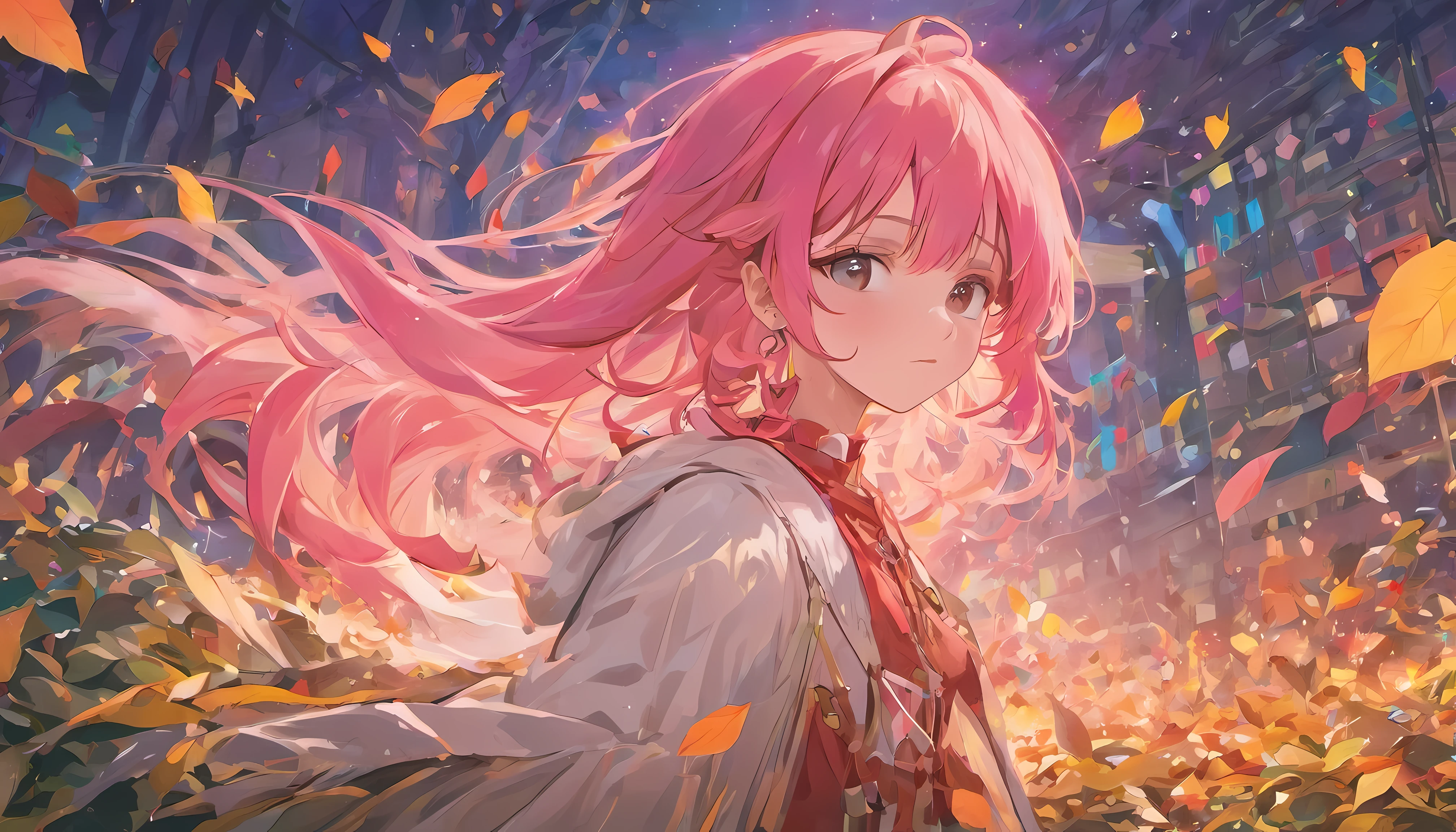 shiny pink hair、Neutral face、Red pink、Rich in color、Beautie、Wearing white clothes、well-styled、小柄、Super beautiful、high-level image quality、4K、8k、In the wilderness、autumnal、Colored leaves、two people、flashy pose、Being under a tree with winter leaves