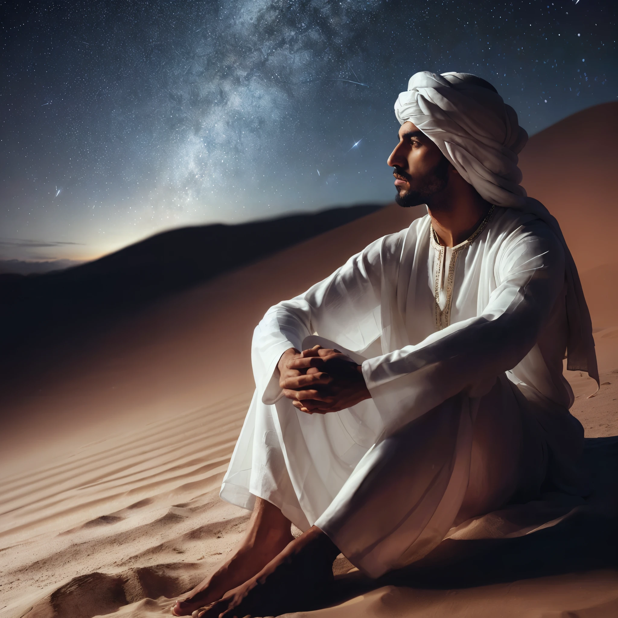 a Arabian man with simply white clothes and turban sit on desert and look in to the sky, sat contemplating, solo, 1 man, night, midnight, stars on the sky, a portrait by Terese Nielsen, full body shot, ancient magic, ancient art, an epic fantasy, a medieval