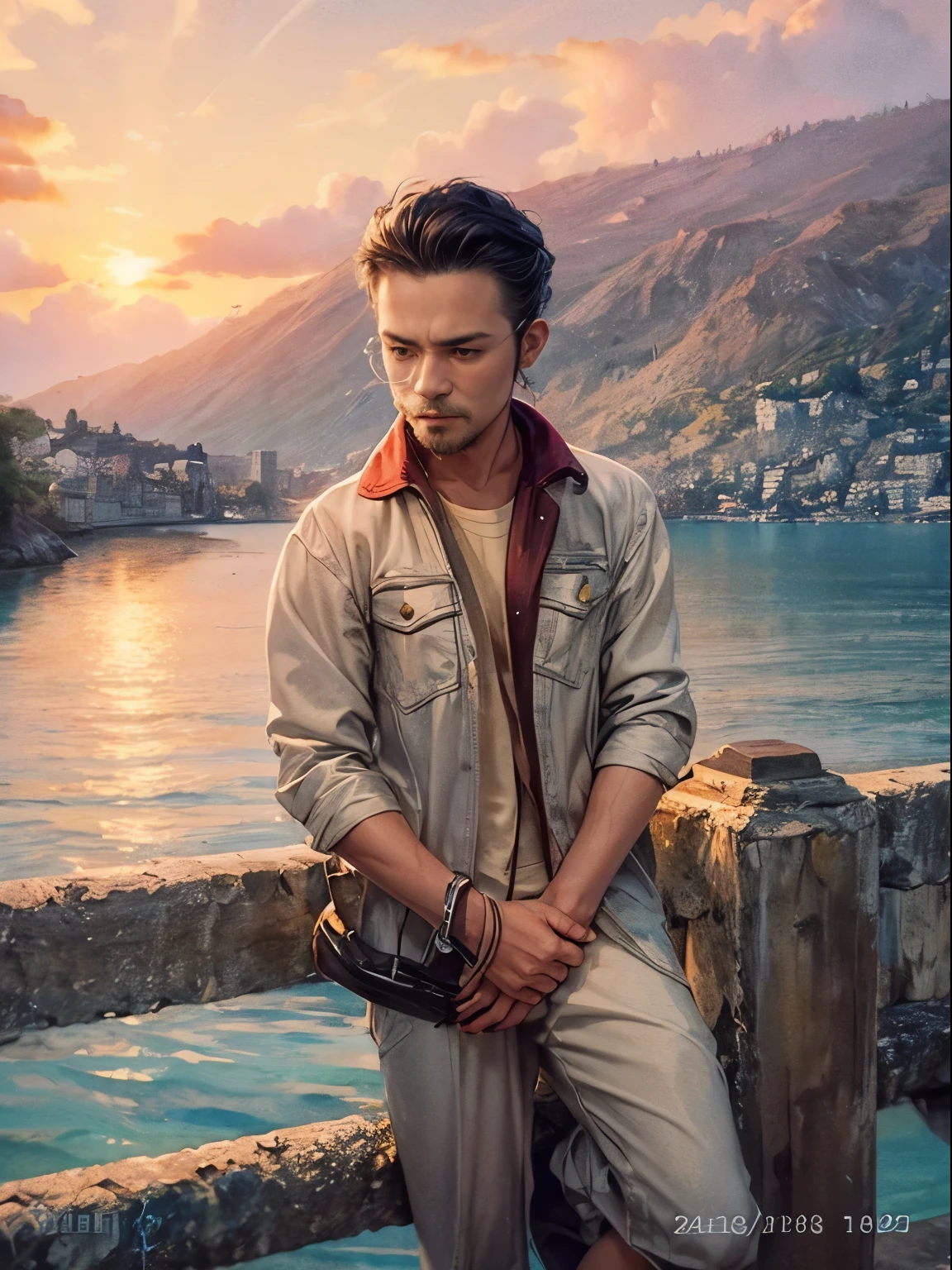 a picture of figures,Depicts a fantasy male pirate captain looking at the sea at sunset in a moment。Leaning on the ship's railing,The expression is thoughtful。Vibrant sunset sky reflected in calm sea,seagulls in the distance。Soft, warm lighting highlights her thoughtful gaze。Create using:digital strokes、Reflect emotions、calm ocean scene、Detailed character research、ambient sunset color、peaceful atmosphere、glibatree tips、HD quality、Natural look。Focus on showing the elegance and sophistication of female captains, (floral watercolor painting:1.5),(Super high saturation, bright and vivid colors:1.5), (nsfw), (Look at the audience head-on:1.5)