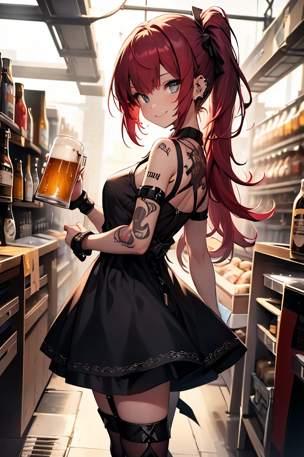 young girl, red hair, 18 years old, small breasts, small biotype, bob hair, tattoed arms, black tattos, piercings in face, , black dress, black letter dress, short dress, punk dress, wearing fishnet stockings, black boots, smiling, looking at viewer, holding beer cup, 4k, masterpiece