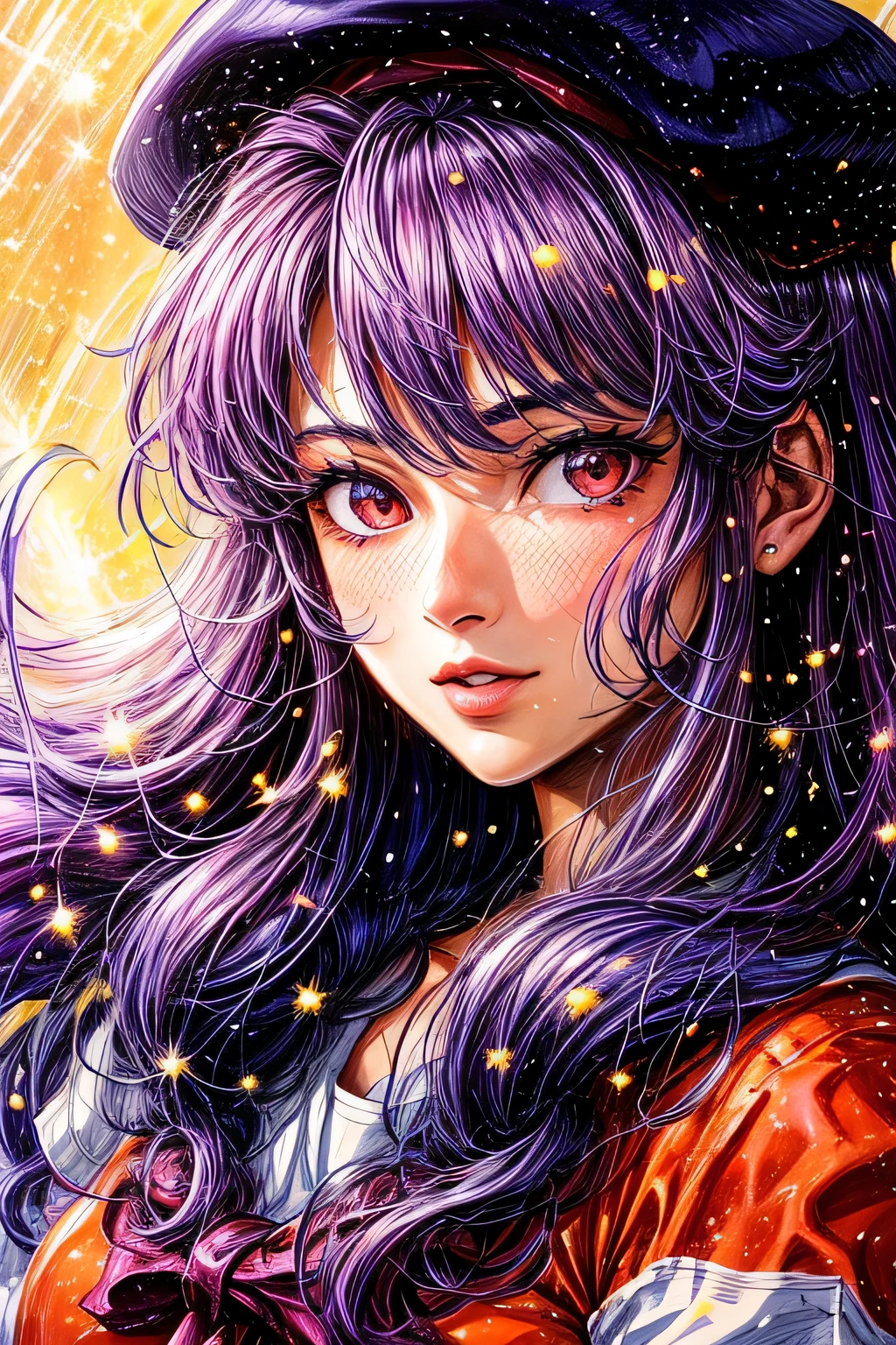 ((worst quality, low quality)), ((Close-up)), (Misato Katsuragi:1.2), Eva, Evaンゲリオン,(service service:1.3),purple hair, beautiful clear eyes, (nervous look), wearing red military uniform, beret, (light particles, shine of light:1.4), (( NERV background)), high angle shot, muste piece, best quality, Super detailed, masterpiece,