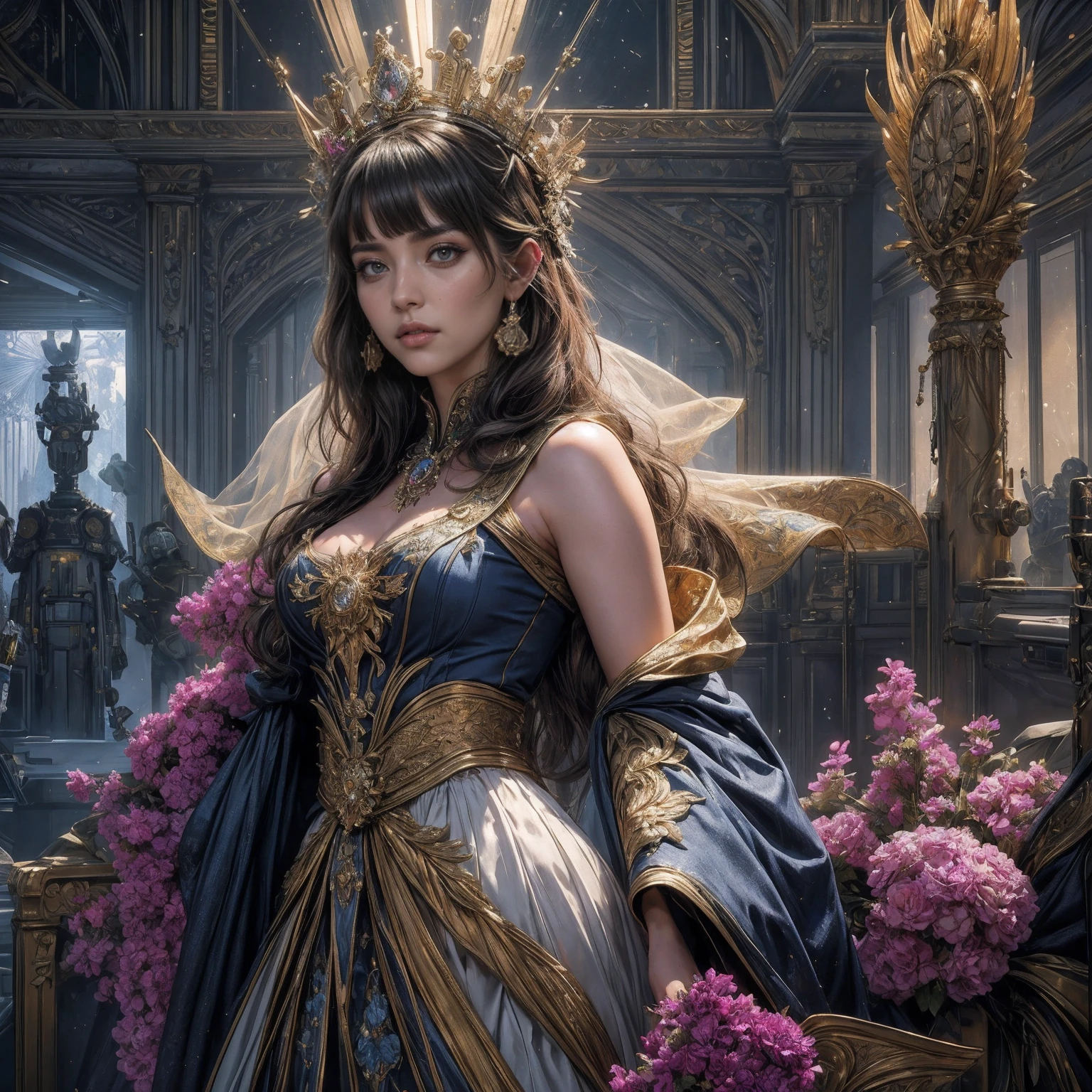 1 character, Ultra realistic 16K CG, masterpiece, Best Composition, Photo quality, work of art, full length portrait, Character incredibly beautiful girl., Incredibly beautiful face, very detailed face, Detailed eyes, detailed hair, correct anatomy, bride, princess, Against the backdrop of an imperial star cruiser taking off, detailed imperial super dreadnought , flowers, Crown of their flowers and diamonds, high detail, Lots of elements, Flowers in containers, Creepers on the walls, gilding on structures, futuristic display, Hologram, flying transports, flying cargo ships, cranes, Manipulators. Sun rays, no underwear, bright blue transparent silk clothes ,ultra dialyzed bright clothes, Palma, Creepers, many colors