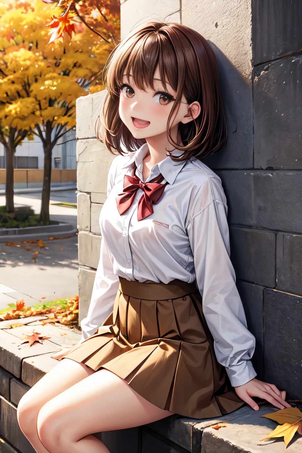 a young looking anime girl with short brown hair sitting next to a wall, 1girl, solo, brown hair, autumn leaves, tree, skirt, autumn, brown eyes, blush, outdoors, smile, looking at viewer, leaf, open mouth, shirt, school uniform, bangs, white shirt, fang, pleated skirt