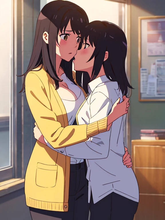 shinkai makoto, kimi no na wa., 1boy, buzzcut,office suit, boy caressing girl's body, passionate hug, 1girl, bangs, black hair, brown eyes, Twisted Half Up, red ribbon, long hair, long sleeve light pink cardigan, open shirt, yellow shirt, cleavage, breast, medium breast, storage room, indoors, masterpiece, perfect anatomy, cowboyshot, huge breasts, oppai