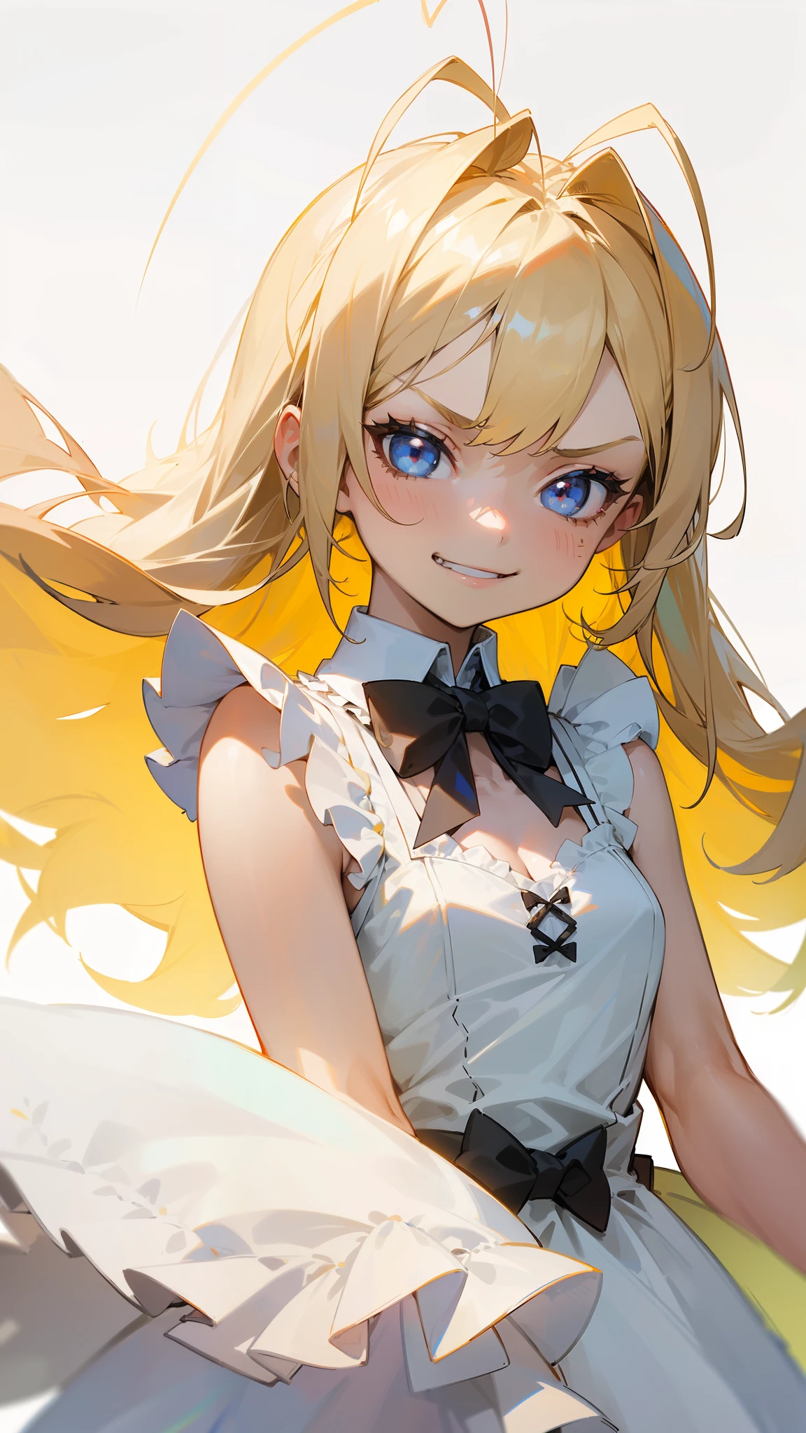((1girl,)),blonde hair,long hair,white dress mono color,frills, sleeveless, cleavage, bow tie, bare shoulders,(((hair 2antennas))),(angry, evil smile),(white background),looking to the view,portrait,