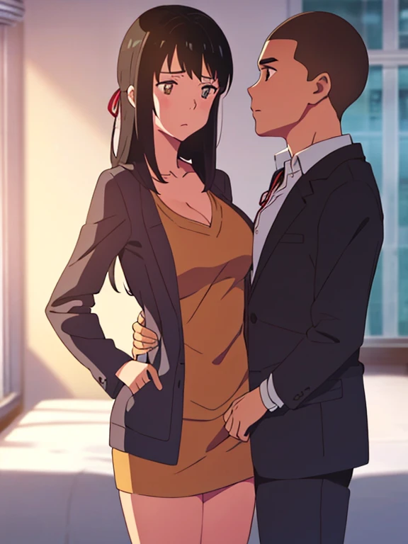 shinkai makoto, kimi no na wa., 1boy, buzzcut,office suit, boy caressing girl's body, kiss cheeks, passionate hug, boy is hugging from behind, , breast groping, breast grope, hold breast,1girl, bangs, black hair, brown eyes, worried eyes, open mouth, Twisted Half Up, red ribbon, long hair, long sleeve light pink cardigan, open shirt, yellow shirt, cleavage, breast, medium breast, bedroom, night, indoors, masterpiece, perfect anatomy, cowboyshot