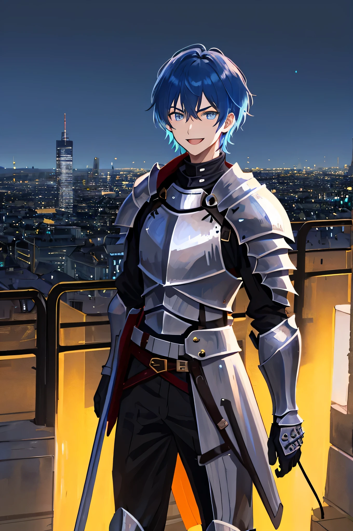 (urban background), masterpiece, highest quality,figure, wallpaper, ultra detail, disorganized, 1 man, alone,adult guy, beautiful and fine eyes, cowboy shot, short hair, black knight guy,blue hair, (urban background:1.5),( rage),Fantasy knight costume with gold decorations,(adult),(20-year-old),smile,(black knight),View from the city side,Walking in the city,detailed background,