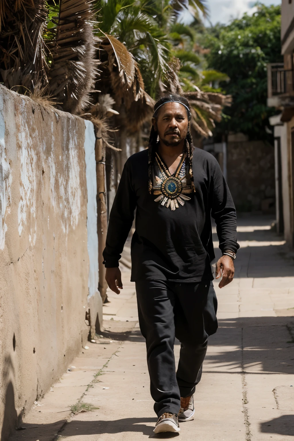 Healthy 40 year old man, indigenous mestizo, negro y ario, con rastas hasta la cintura, sin fondo, full length walking towards the camera