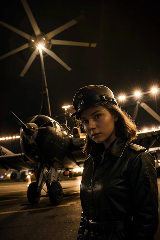 (masterpiece, best quality:1.2),The airfield comes alive at midnight as the Night Witches prepare for a mission. The dim glow of the runway lights reveals the determined expressions of the female pilots as they board their wooden biplanes.