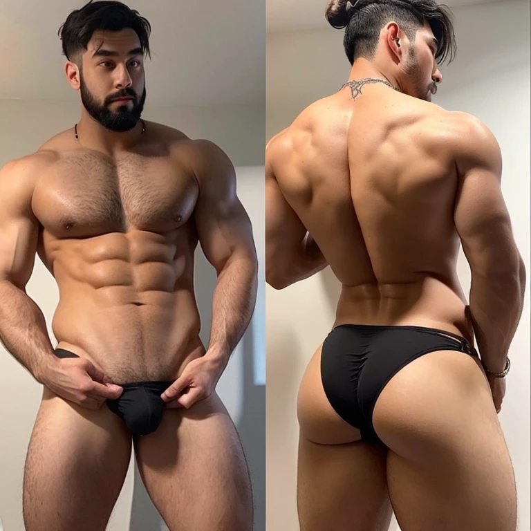 Make a very detailed picture of a shirtless male that is 6 feet 2 inches tall male twunk with big pecs, thicc ass, curvy figure, toned flat stomach, and back length curly black hair ties into a man bun showing off his thicc ass while wearing thongs