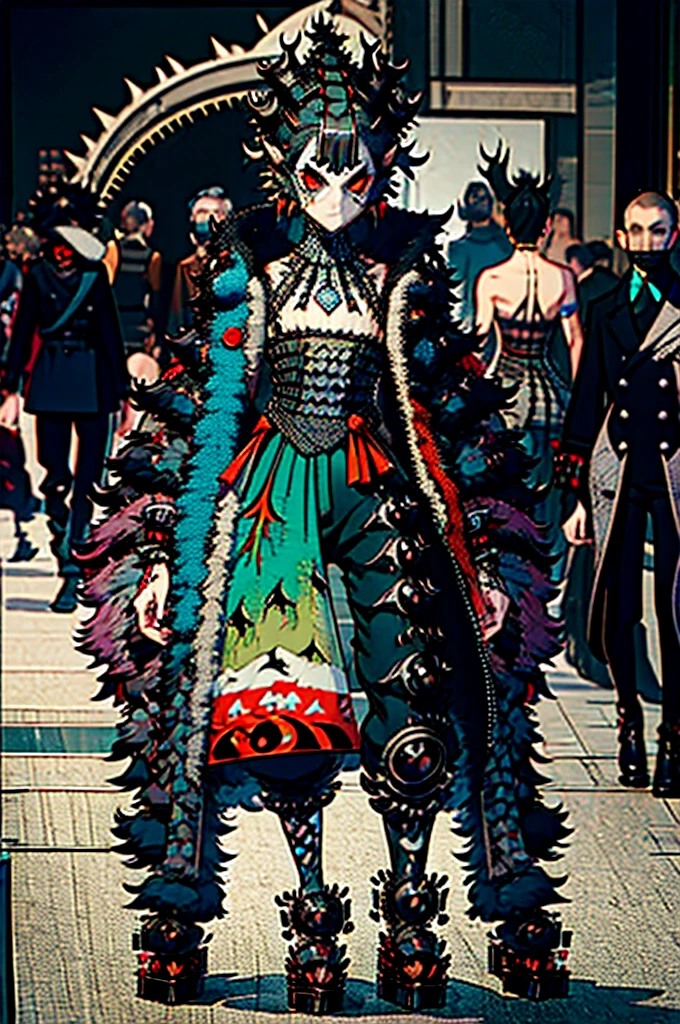 (kaiju monster theme:1.2), street wear, male, man, boy, (avant garde fashion:1.3), (wearable art:1.3), couture, oversized clothing, skintight clothing, fullbody