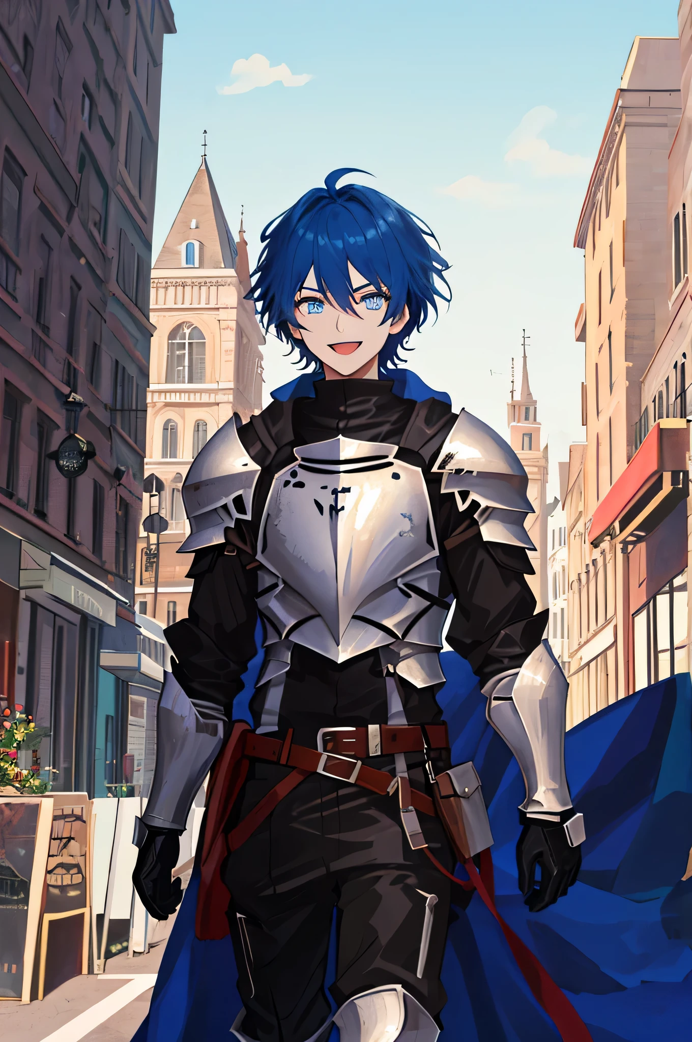 (urban background), masterpiece, highest quality,figure, wallpaper, ultra detail, disorganized, 1 man, alone,adult guy, beautiful and fine eyes, cowboy shot, short hair, black knight guy,blue hair,  (urban background:1.5),( rage),Fantasy knight costume with gold decorations,(adult),(20-year-old),smile,(black knight),View from the city side,Walking in the city,detailed background,