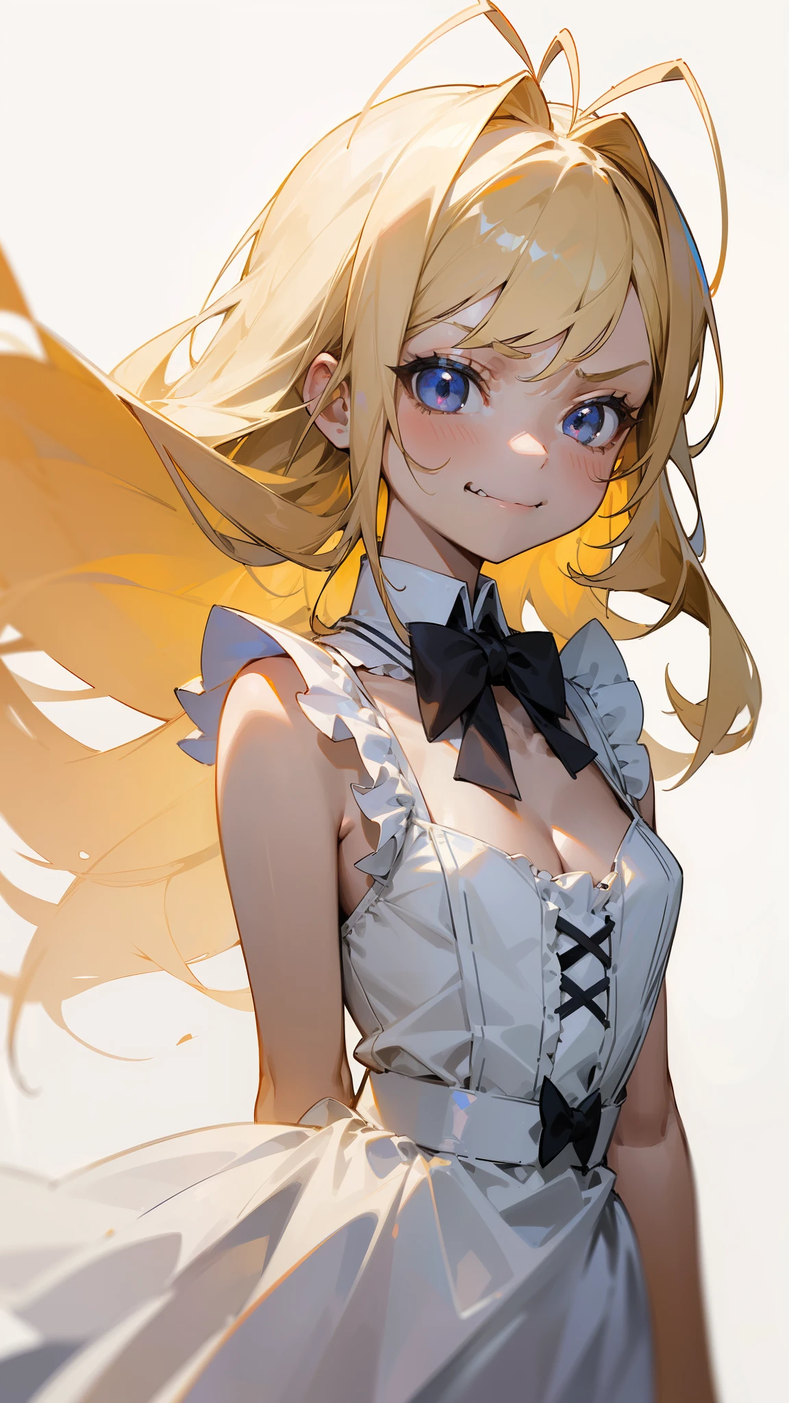 ((1girl,)),blonde hair,long hair,white dress mono color,frills, sleeveless, cleavage, bow tie, bare shoulders,(((hair 2antennas))),(angry, evil smile),(white background),looking to the view,portrait,