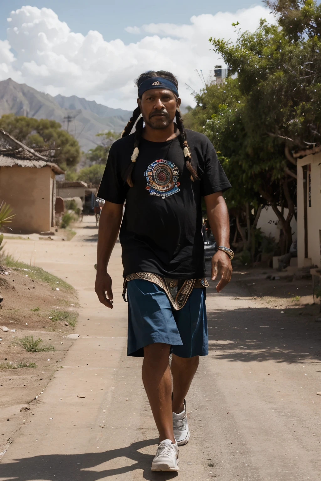 Healthy 40 year old man, indigenous mestizo, negro y ario, con rastas hasta la cintura, sin fondo, full length walking towards the camera