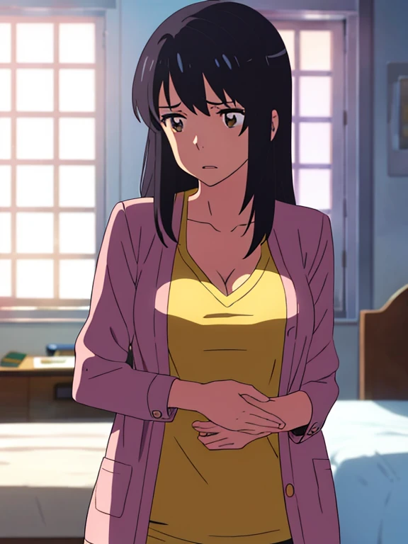 shinkai makoto, kimi no na wa., 1boy, buzzcut,office suit, boy caressing girl's body, kiss cheeks, passionate hug, boy is hugging from behind, , breast groping, breast grope, hold breast,1girl, bangs, black hair, brown eyes, worried eyes, open mouth, Twisted Half Up, red ribbon, long hair, long sleeve light pink cardigan, open shirt, yellow shirt, cleavage, breast, medium breast, bedroom, night, indoors, masterpiece, perfect anatomy, cowboyshot