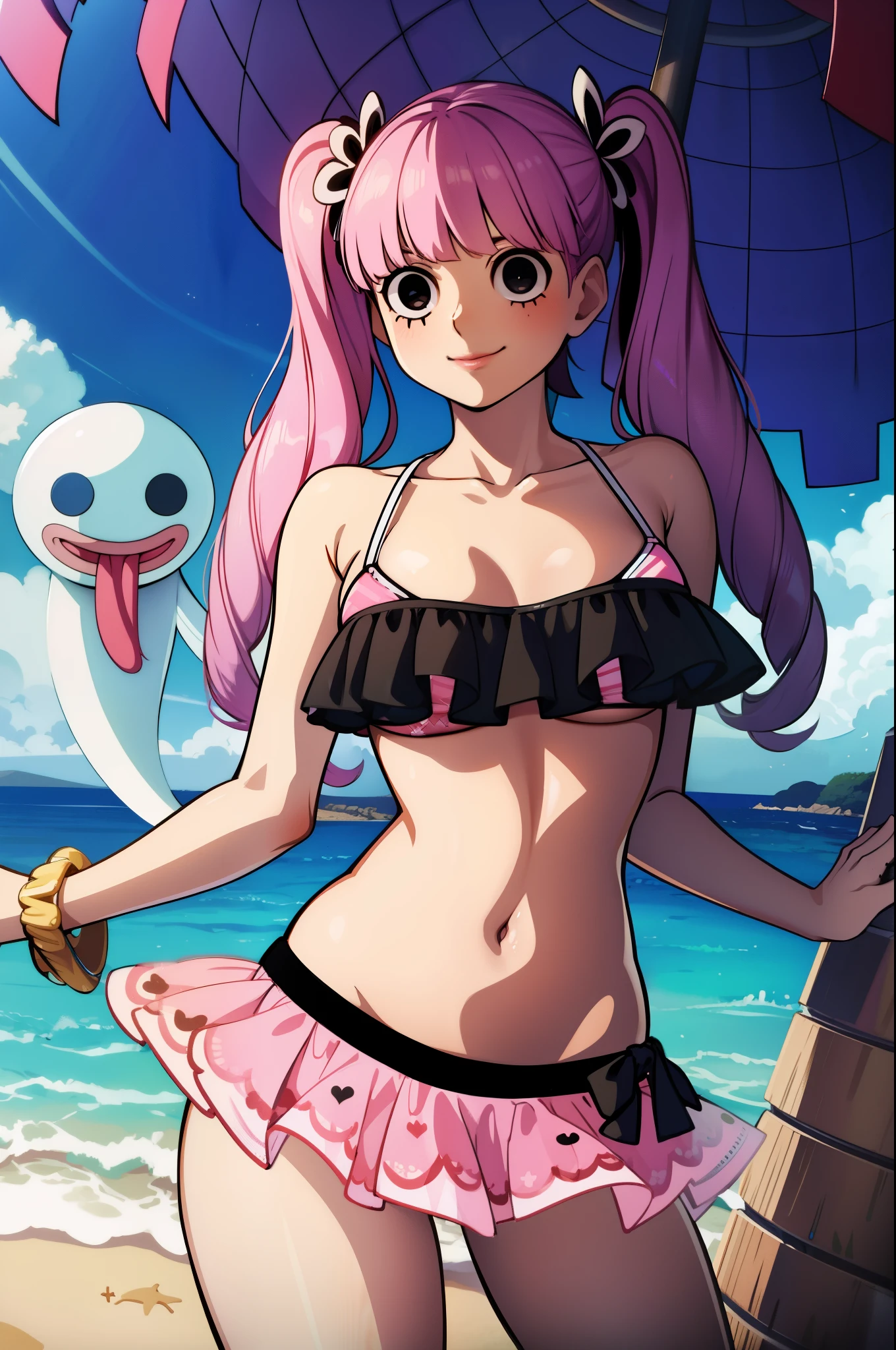 masterpiece, highest quality, 8K, ultra high resolution, highest quality, anime style, best writing, beautiful face, Peronaちゃん, cheems_Perona_V3, pink hair, black eye, long eyelashes, dull bangs, drill hair, red lipstick, twin tails,(Pink ruffled bikini:1.3), (Black frills), perfect anatomy, alone, cowboy shot, (beach:1.2), (Ghost:1.2), smile, beachに座る, (Arizo:1.3)