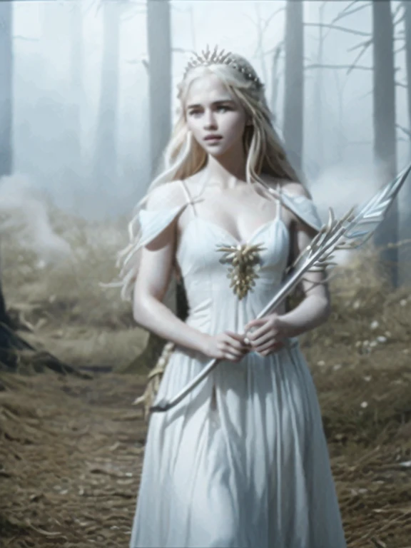 epic closeup photo portrait, amazing movie poster, A beautiful young woman elf, lord of the rings style, dressed in long brightnes white elf smooth cloth , blandishing a bow with an arrow, by side a stream, natural light, a beautiful forest is visible through the branches, trending on artstation,professional photo studio, uhd, hi detailing, dramatic lighting, back light,best quality, high quality, highres, morning dew natural day lighting, studio lighting,detail enhancement, high resolution fix, depth of field, film, lineart, sharpen.