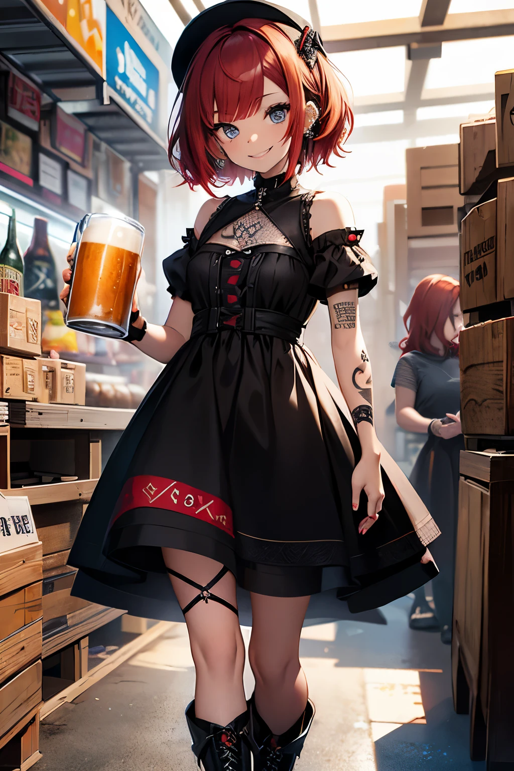 young girl, red hair, 18 years old, small breasts, small biotype, bob hair, tattoed arms, black tattos, piercings in face, , black dress, black letter dress, short dress, punk dress, wearing fishnet stockings, black boots, smiling, looking at viewer, holding beer cup, 4k, masterpiece
