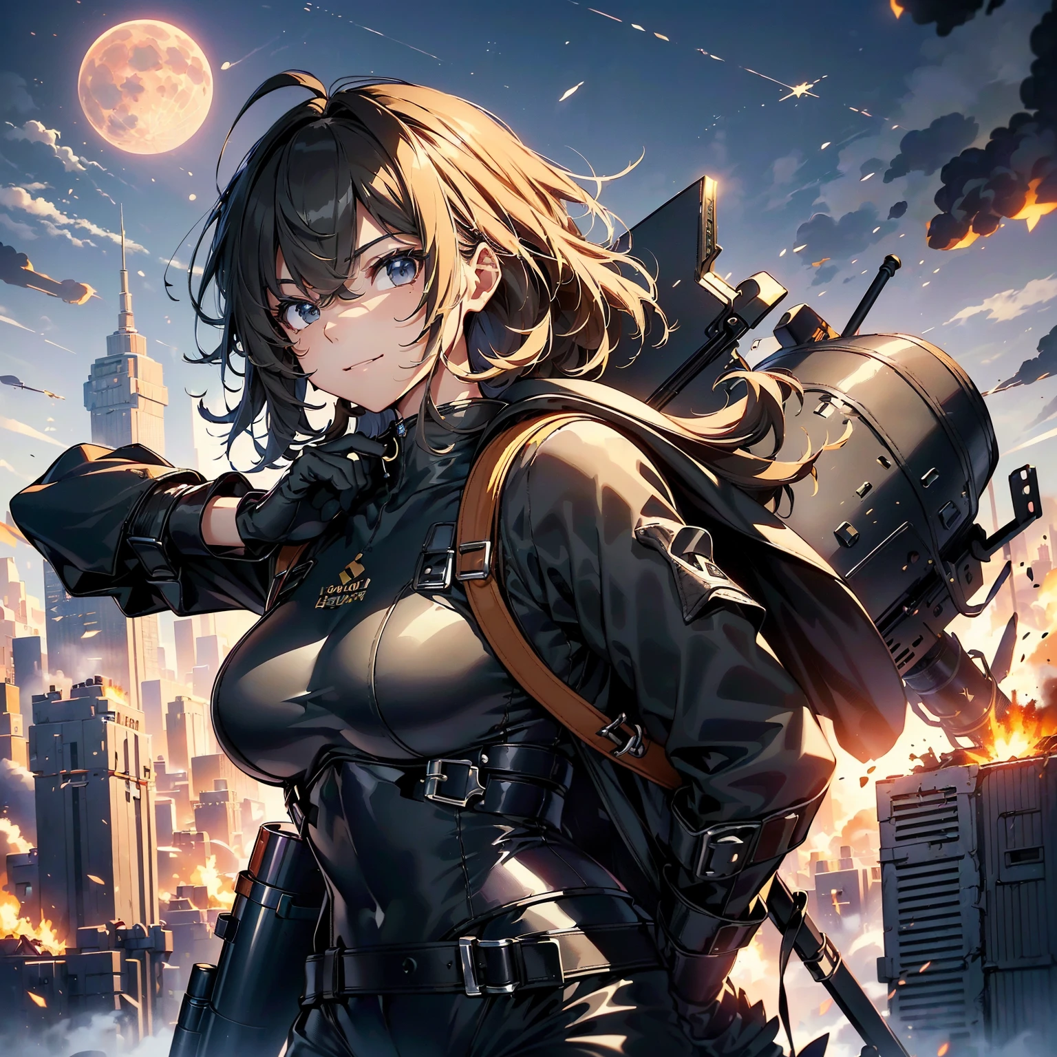 (highest quality,T Masterpiece,final solution,whole body、album):(18 year old female fighter,Slender、very slim、small face、small face、cute、Black Super Short Hair、Ahoge、Shiny black tight combat uniform,Glossy tight suit,dynamic angle、dynamic action、(dynamic pose:1.2)、normal posture,normal posture、Gentle smile、(Backpack:1.1))、(Time Machine、Computer、skyscraper gun、weapons of the future、Real World、Plankton rattle field、volumetric fog、gray fog、cigarette、 explosion、apocalyptic、destroyed city background、burning building:1.3、starry ski、huge moon、Earth、destroyed giant robot、radio tower、airplane flying overhead、shooting star rocket truck、broken car、derailed train、tank、giant weapon、electronic equipment、Luminous mechanism、strong wind、bao phan、thunder、light、halo)