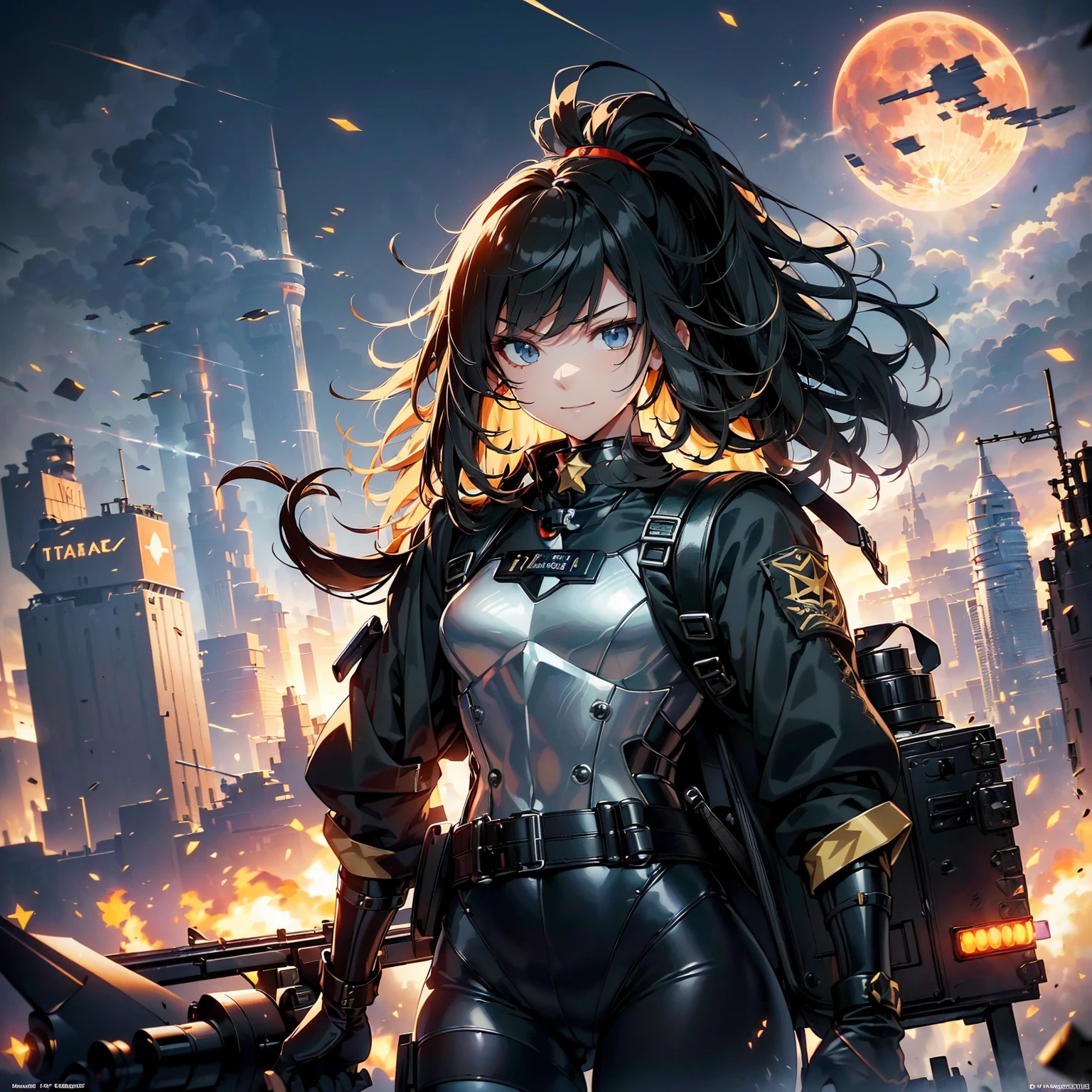 (highest quality，T Masterpiece，final solution，whole body、album):(18 year old female fighter，Slender、very slim、small face、small face、cute、Black Super Short Hair、Ahoge、Shiny black tight combat uniform，Glossy tight suit，dynamic angle、dynamic action、(dynamic pose:1.2)、normal posture，normal posture、Gentle smile、(Backpack:1.1))、(Time Machine、Computer、skyscraper gun、weapons of the future、Real World、Plankton rattle field、volumetric fog、gray fog、cigarette、 explosion、apocalyptic、destroyed city background、burning building:1.3、starry ski、huge moon、Earth、destroyed giant robot、radio tower、airplane flying overhead、shooting star rocket truck、broken car、derailed train、tank、giant weapon、electronic equipment、Luminous mechanism、strong wind、bao phan、thunder、light、halo)