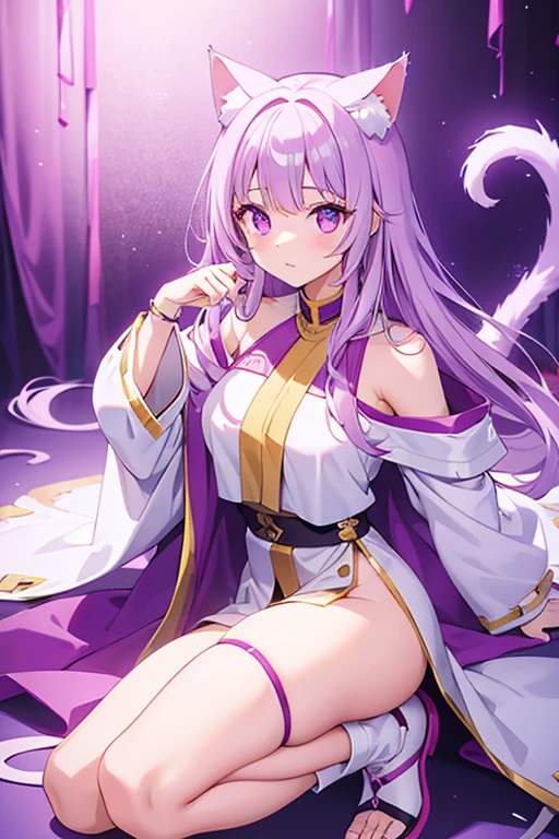 yang girl 18 years old. as white priestess . purpure hair. cat ears.