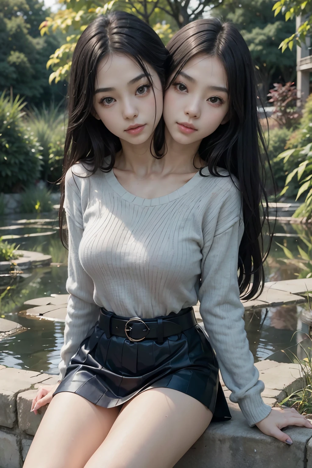 best resolution, (two_heads:1.2), japanese girl with two heads, 21 years old, youthful, wearing a navy blue sweater and a black skirt, belt, sitting in front of a pond, park background, half body shot, staring at viewer