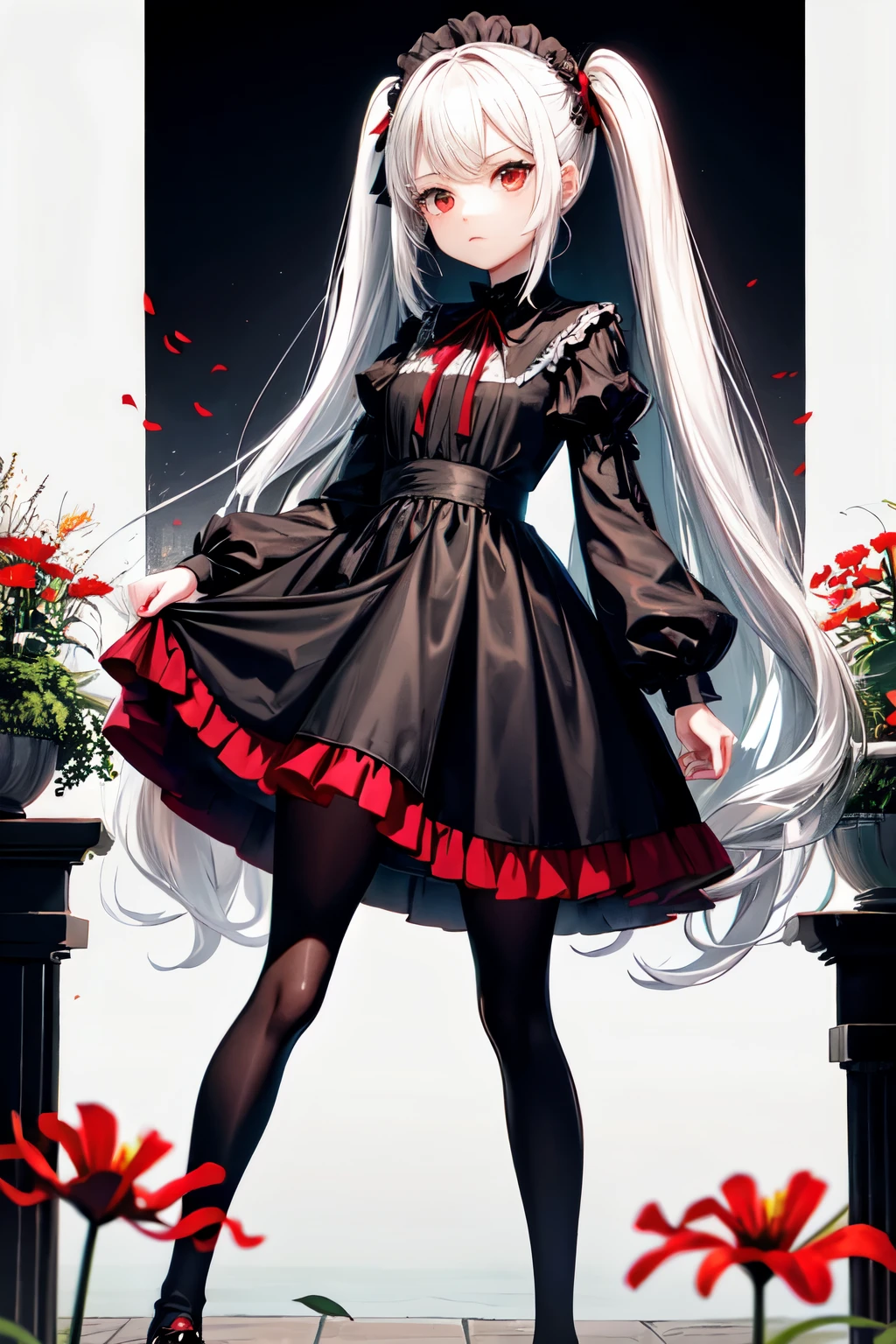 a picture an image of a sculpture of a girl in black dress standing in front of red flocks, 1girl, solo, spider lily, dress, long hair, red eyes, black dress, flower, pantyhose, skirt hold, black footwear, looking at viewer, long sleeves, blurry, black pantyhose, bangs, twintails, lolita fashion, blurry background, white hair,,,chibi,