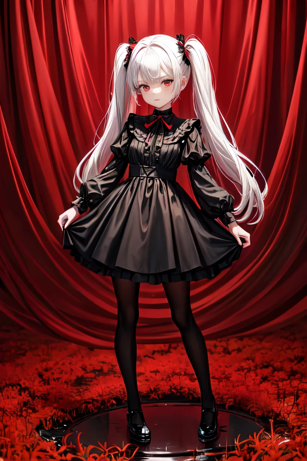 a picture an image of a sculpture of a girl in black dress standing in front of red flocks, 1girl, solo, spider lily, dress, long hair, red eyes, black dress, flower, pantyhose, skirt hold, black footwear, looking at viewer, long sleeves, blurry, black pantyhose, bangs, twintails, ta fashion, blurry background, white hair,,,chibi,