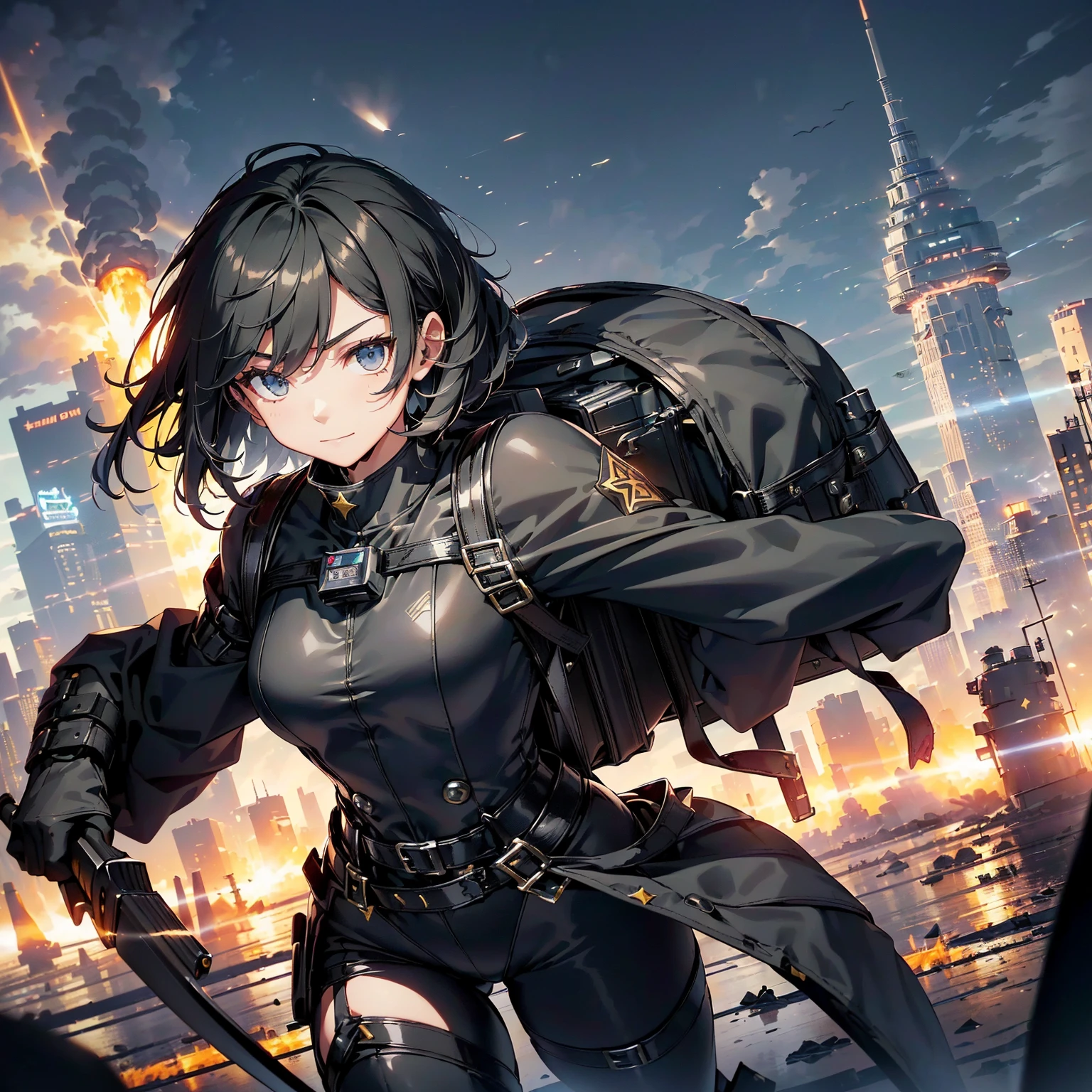 (highest quality,T Masterpiece,final solution,whole body、album):(18 year old female fighter,Slender、very slim、small face、small face、cute、Black Super Short Hair、Ahoge、Shiny black tight combat uniform,Glossy tight suit,dynamic angle、dynamic action、(dynamic pose:1.2)、normal posture,normal posture、Gentle smile、(Backpack:1.1))、(Time Machine、Computer、skyscraper gun、weapons of the future、Real World、Plankton rattle field、volumetric fog、gray fog、cigarette、 explosion、apocalyptic、destroyed city background、burning building:1.3、starry ski、huge moon、Earth、destroyed giant robot、radio tower、airplane flying overhead、shooting star rocket truck、broken car、derailed train、tank、giant weapon、electronic equipment、Luminous mechanism、strong wind、bao phan、thunder、light、halo)
