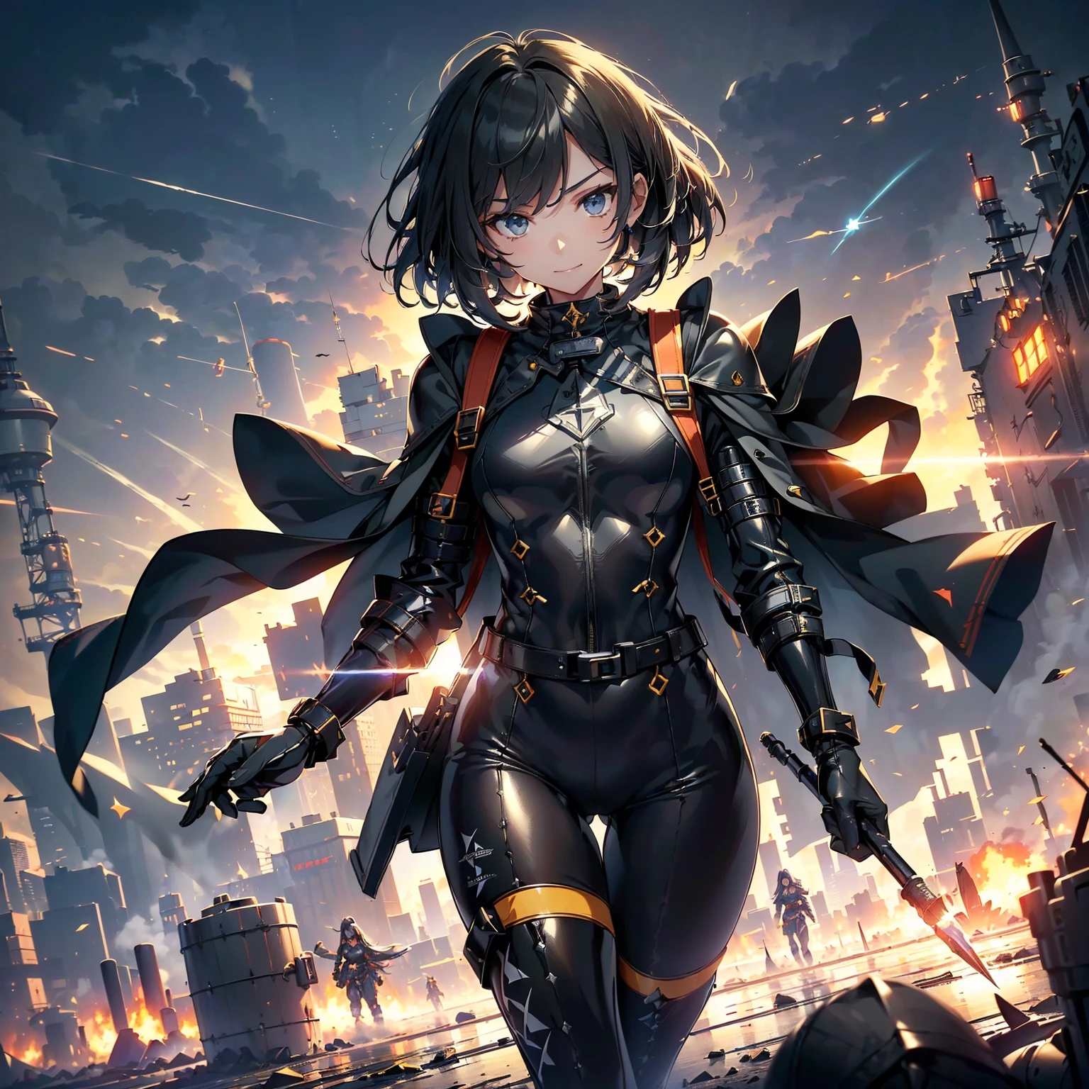 (highest quality,T Masterpiece,final solution,whole body、album):(18 year old female fighter,Slender、very slim、small face、small face、cute、Black Super Short Hair、Ahoge、Shiny black tight combat uniform,Glossy tight suit,dynamic angle、dynamic action、(dynamic pose:1.2)、normal posture,normal posture、Gentle smile、(Backpack:1.1))、(Time Machine、Computer、skyscraper gun、weapons of the future、Real World、Plankton rattle field、volumetric fog、gray fog、cigarette、 explosion、apocalyptic、destroyed city background、burning building:1.3、starry ski、huge moon、Earth、destroyed giant robot、radio tower、airplane flying overhead、shooting star rocket truck、broken car、derailed train、tank、giant weapon、electronic equipment、Luminous mechanism、strong wind、bao phan、thunder、light、halo)