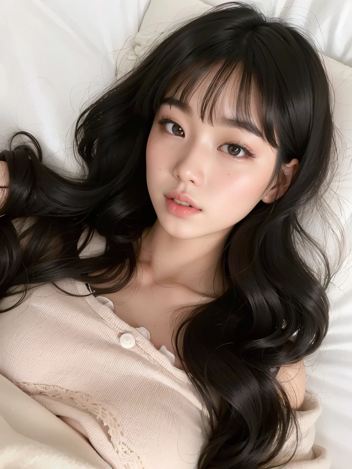 araffe asian woman lying on bed with long black hair, ulzzang, muchacha coreana, hermosa mujer surcoreana, hermosa joven coreana, joven y adorable rostro coreano, hermosa joven coreana, Lalisa Manobal, pale korean adorable face, maquillaje popular de corea del sur, Jinyoung Shin, maquillaje coreano popular, Young cute pale asian face, pelo largo con flequillo completo