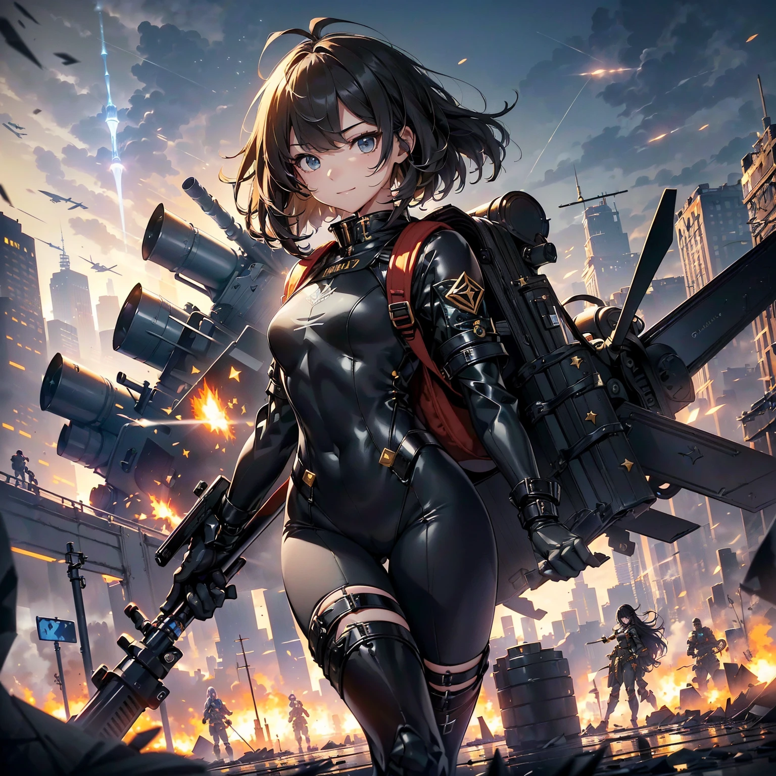 (highest quality,T Masterpiece,final solution,whole body、album):(18 year old female fighter,Slender、very slim、small face、small face、cute、Black Super Short Hair、Ahoge、Shiny black tight combat uniform,Glossy tight suit,dynamic angle、dynamic action、(dynamic pose:1.2)、normal posture,normal posture、Gentle smile、(Backpack:1.1))、(Time Machine、Computer、skyscraper gun、weapons of the future、Real World、Plankton rattle field、volumetric fog、gray fog、cigarette、 explosion、apocalyptic、destroyed city background、burning building:1.3、starry ski、huge moon、Earth、destroyed giant robot、radio tower、airplane flying overhead、shooting star rocket truck、broken car、derailed train、tank、giant weapon、electronic equipment、Luminous mechanism、strong wind、bao phan、thunder、light、halo)