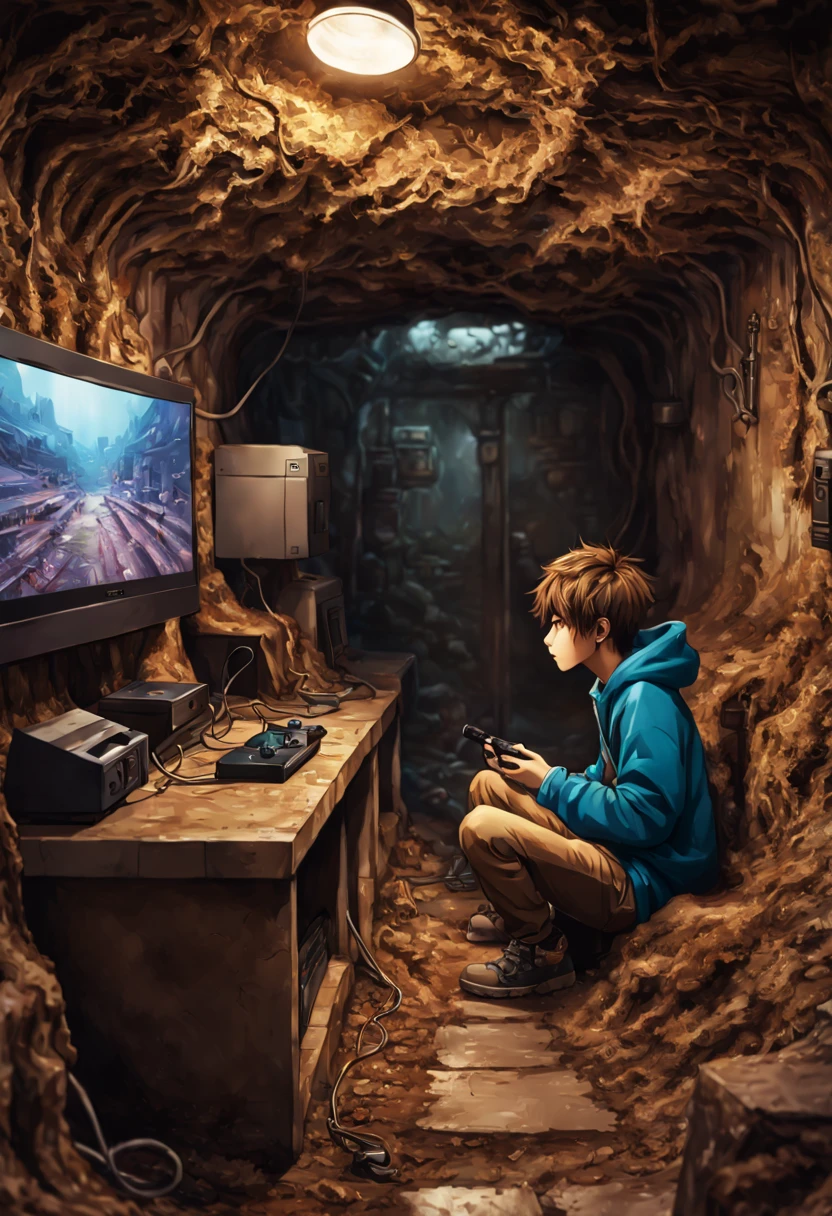 Detailed underground burrow made of earthy tones, manga kpop boy playing playstation, intricate features, immaculate surrounds and details, interesting colors, facing the television, intricate details, HDR, beautifully shot, hyperrealistic, sharp focus, megapixels, perfect composition, high contrast, cinematic, atmospheric, moody