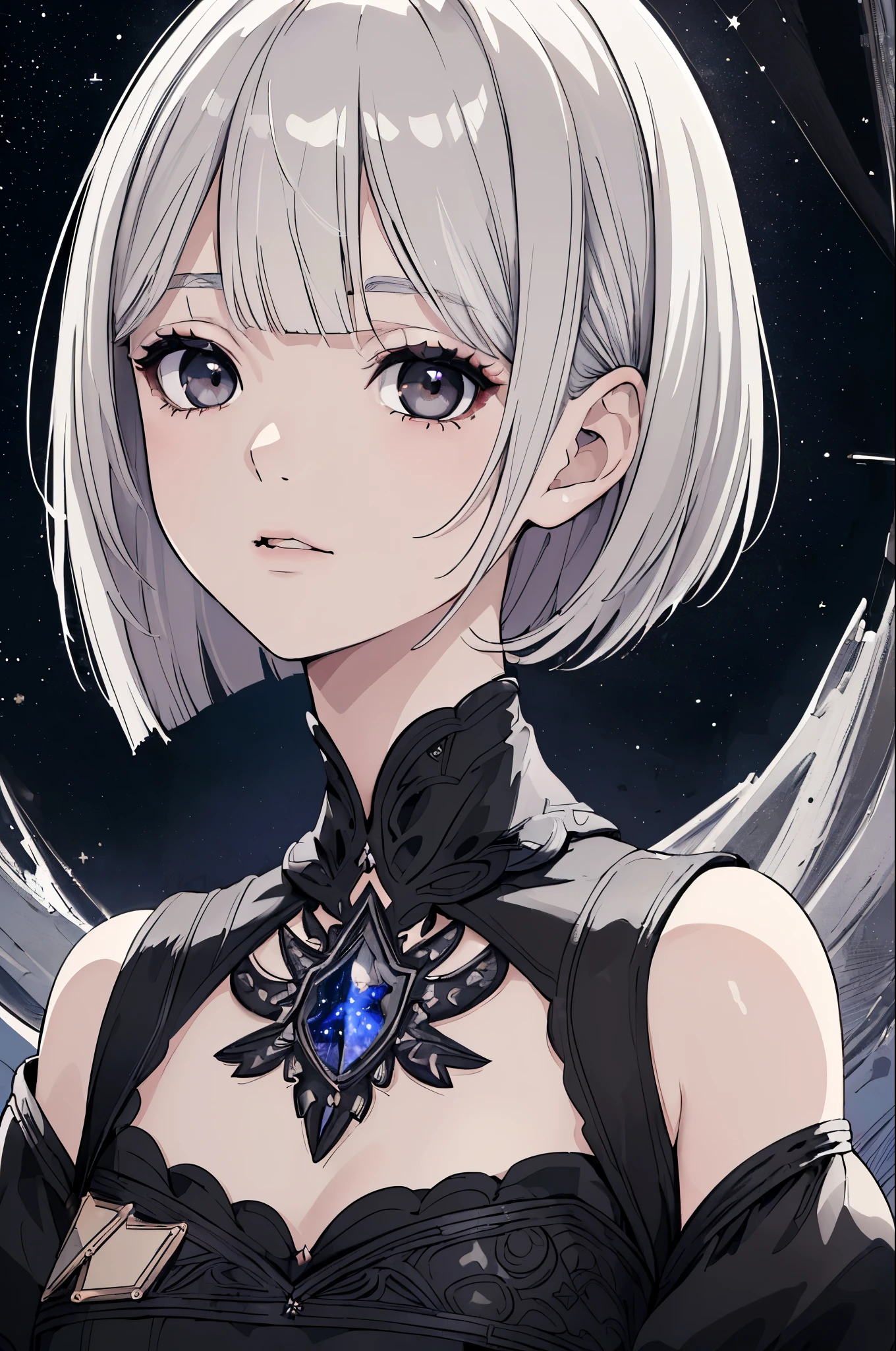 (best quality, masterpiece, RAW photo,ultra-detailed:1.2), A young woman in a simple noble black dress,  pale skin, silver hair, black eyes, fantasy portrait, short hair, bob cut, bangs, starry night, starry background, beautiful and intricate details, occult symbols on her clothing