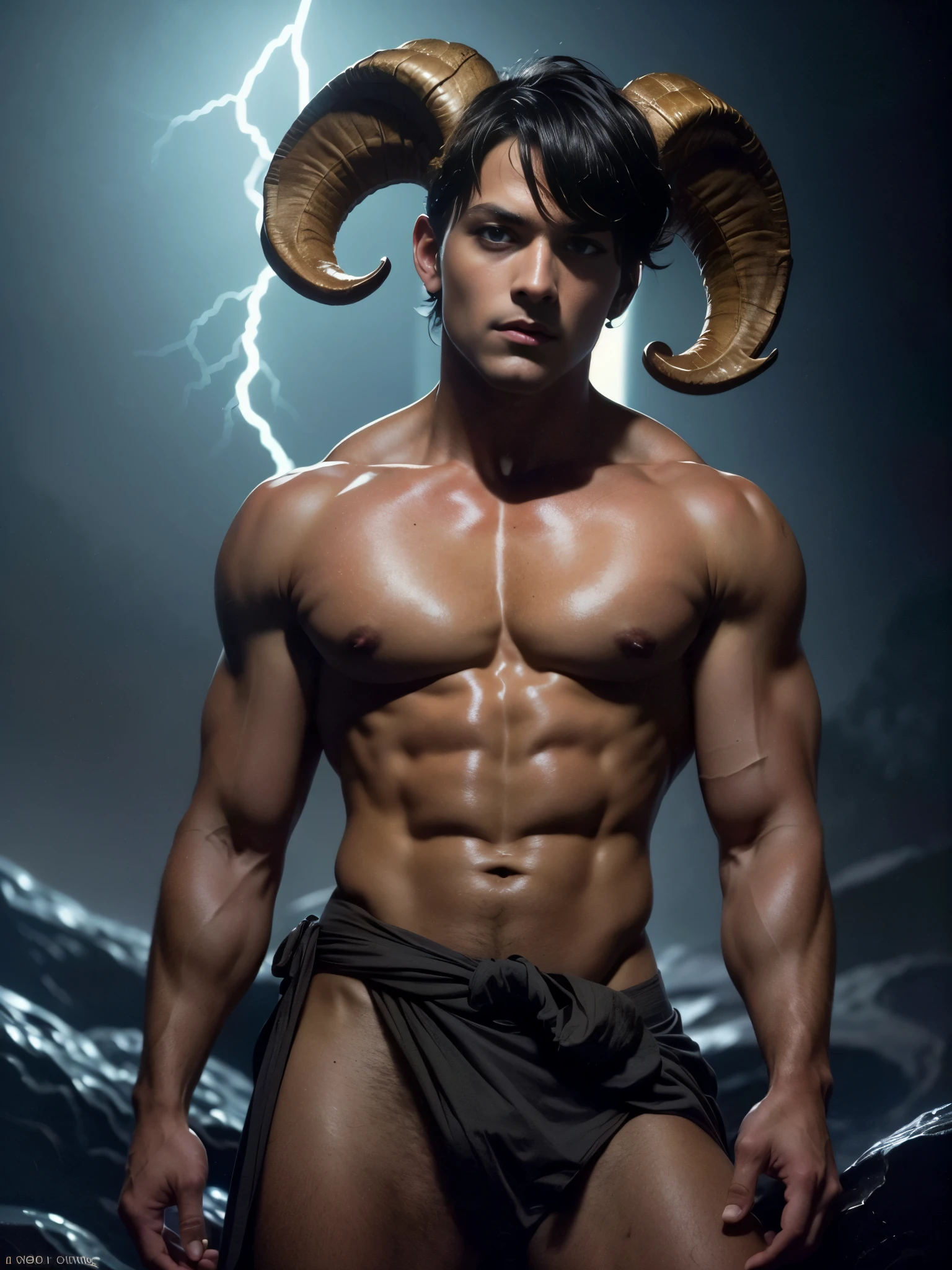 Photorealistic, ((best quality)), ((masterpiece)), (detailed), 1boy, 8k, high detailed, ultra-detailed, Stylish Pose, real skin texture, dark cinematic lighting, 18-year-old italian male model, handsome, cute looking, divine look, powerful , (blue eyes:1.4), personification of Aries, the zodiac sign, Zodiac sign, aries, (2 wild sheep horns:1.5)personification of Aries, the zodiac sign, Zodiac sign, aries, (2 wild sheep horns:1.6), white pale skin, roman god physic, intense, (dry short hair:1.8), (dry short brown messy hair, strong jawline, masculine, muscular, defined fit body, hairless chest, shirtless, pantless, barechested, topples, barelegged, barefoot, shirtless, topless, barechested, half naked, antique linen spartan loincloth , white linen antique draped cloth skirt, ,,,,, sinister aesthetic, rocky volcano, (lava:1.5),lava pouring , rivers of lava, black storm clouds, lightning clouds, (dark background:1.5), dim light, dark atmosphere, cinematic lighting, Depth of field, award-winning photography, elegant, hyperrealistic, octane render, unreal, high definition, 8k resolution, highly detailed, 8k uhd, professional lighting, photon mapping, radiosity, physically-based rendering