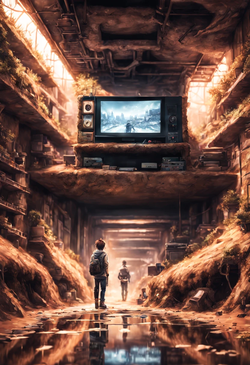 Detailed underground burrow made of earthy tones, manga kpop boy playing playstation, intricate features, immaculate surrounds and details, interesting colors, facing the television, intricate details, HDR, beautifully shot, hyperrealistic, sharp focus, megapixels, perfect composition, high contrast, cinematic, atmospheric, moody